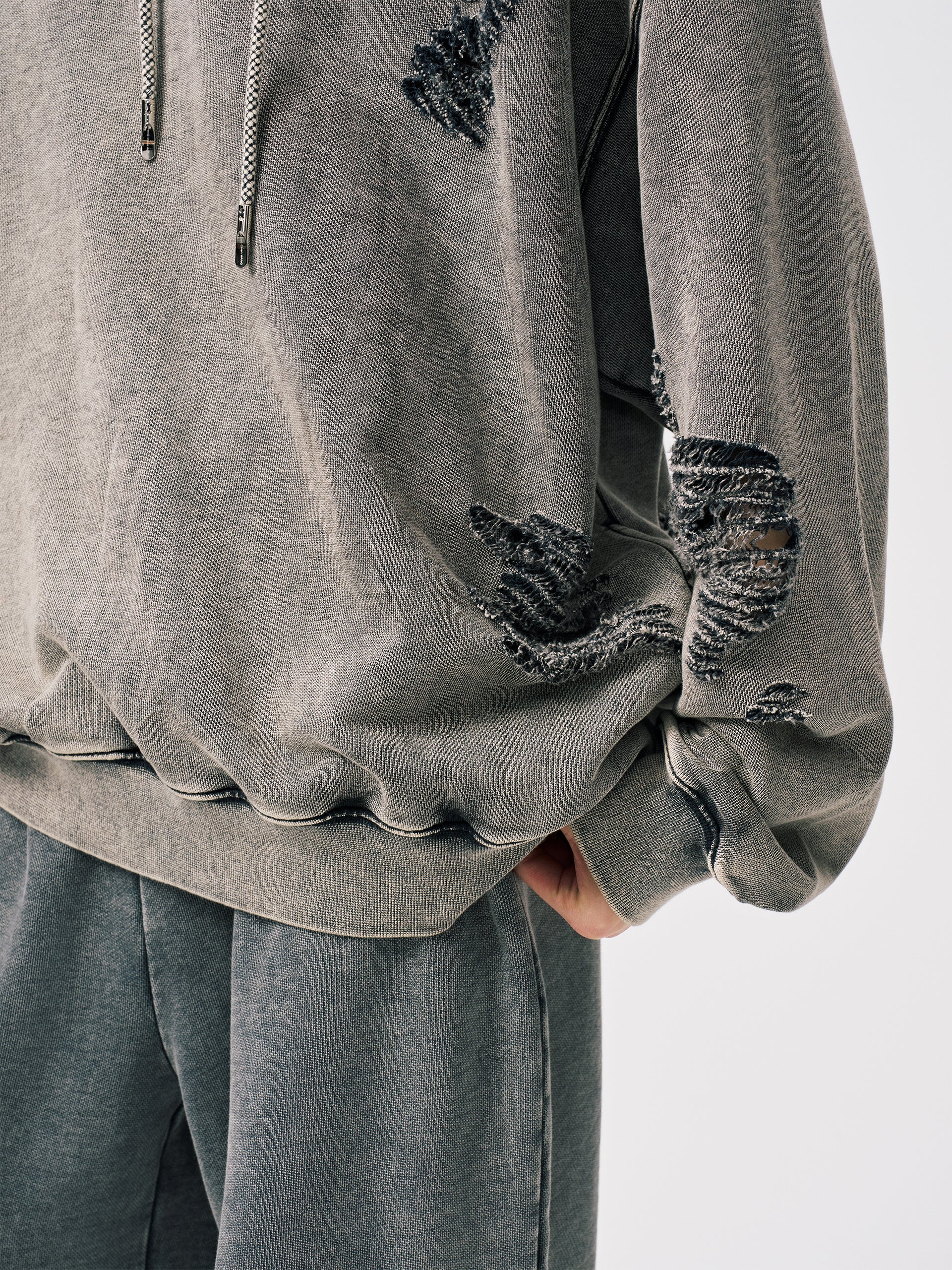GREY RIPPED JERSEY HOODIE
