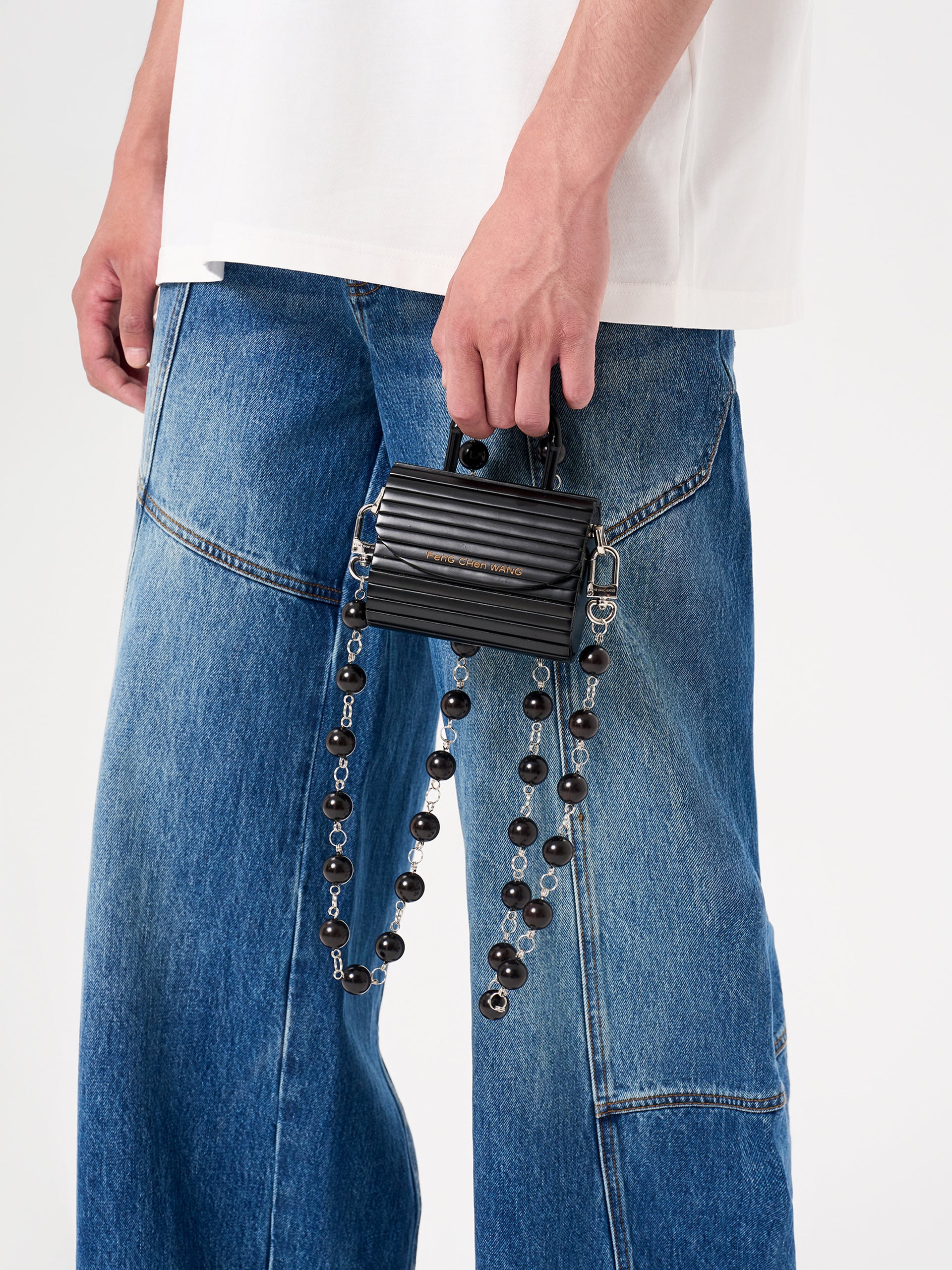 SMALL BLACK BRUSHED BAMBOO FLAP BAG WITH WOODEN BEAD STRAP