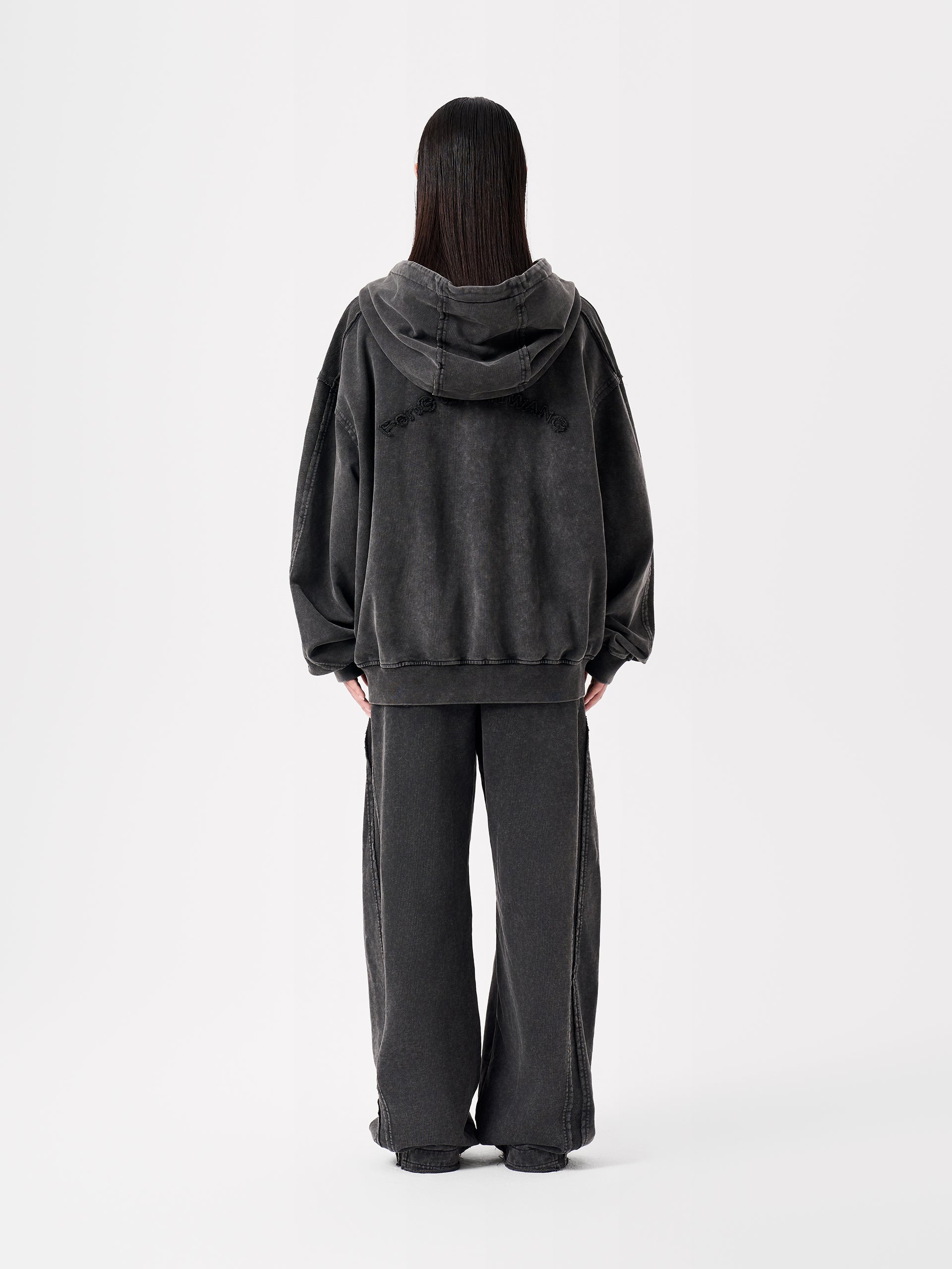 GREY WASHED DECONSTRUCTED ZIP-UP HOODIE
