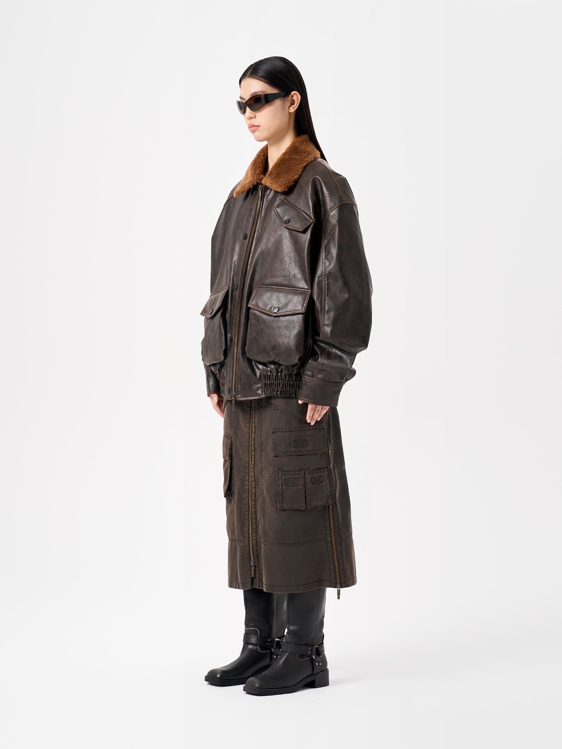 BROWN DECONSTRUCTED NOTCHED COLLAR PUFFER JACKET