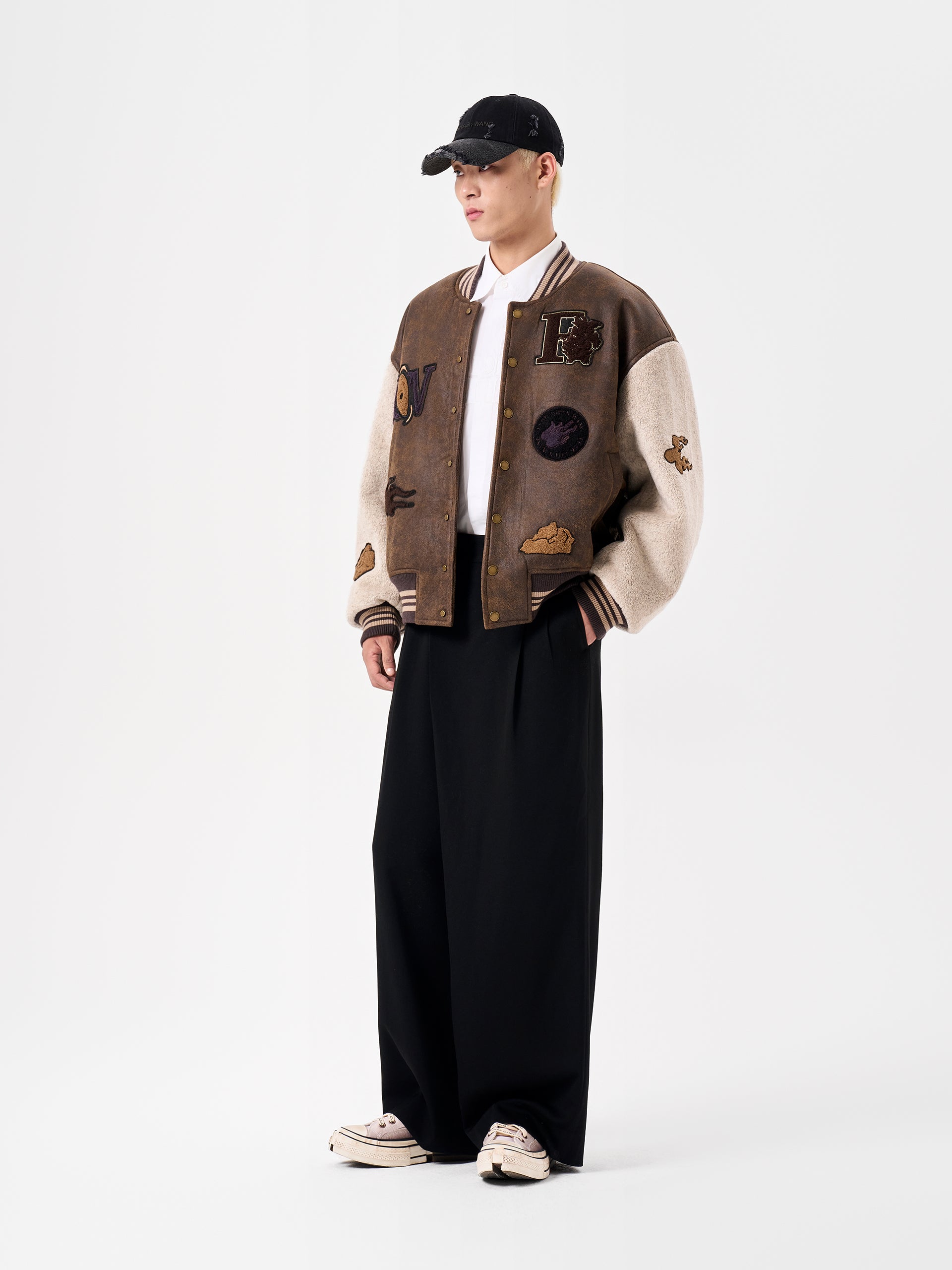 BOMBER SHEARLING JACKET WITH BADGE PATCHES