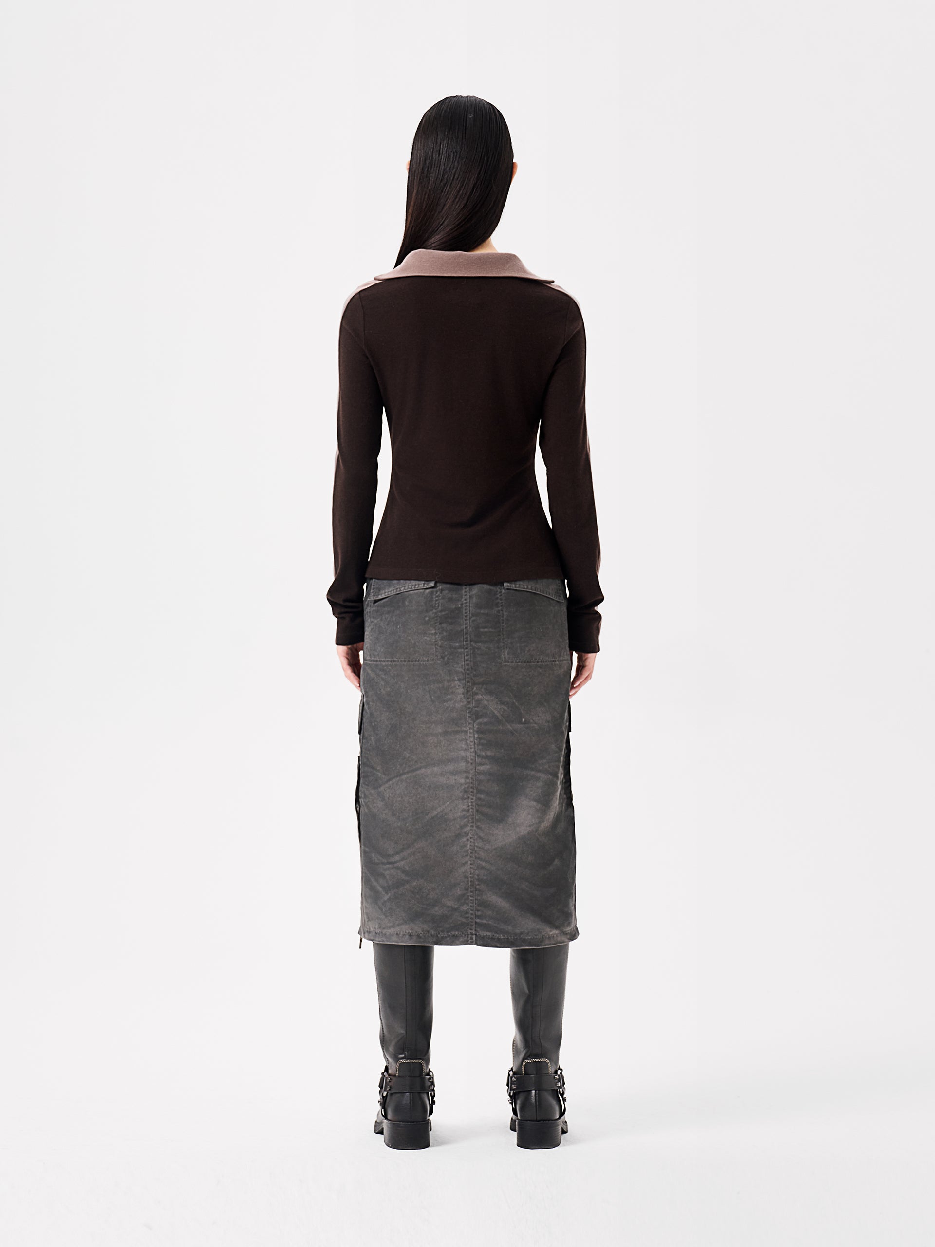 BROWN PANELLED CREW NECK LONG SLEEVE TOP