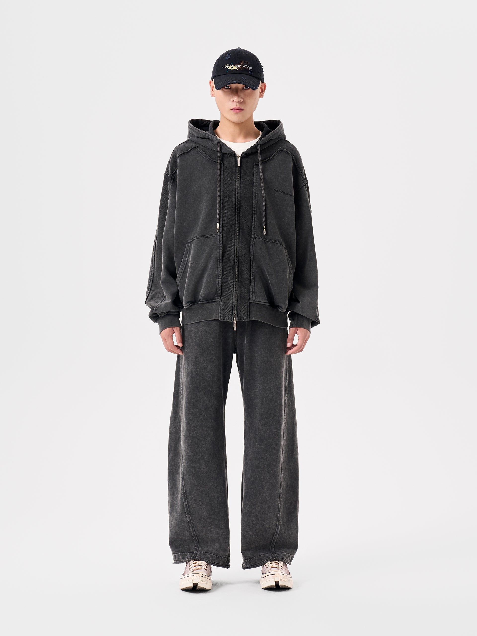 GREY WASHED DECONSTRUCTED ZIP-UP HOODIE