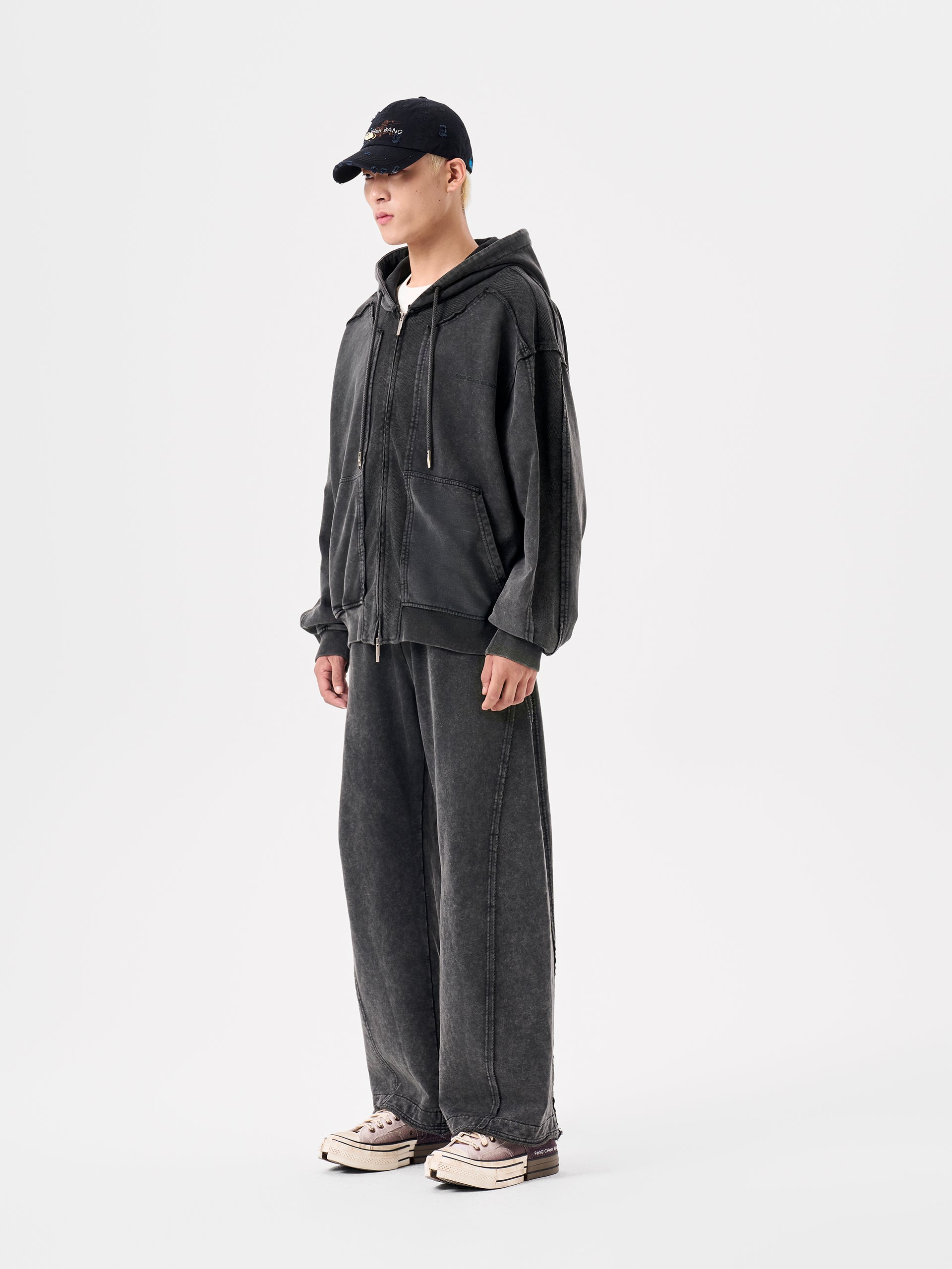 GREY WASHED DECONSTRUCTED ZIP-UP HOODIE
