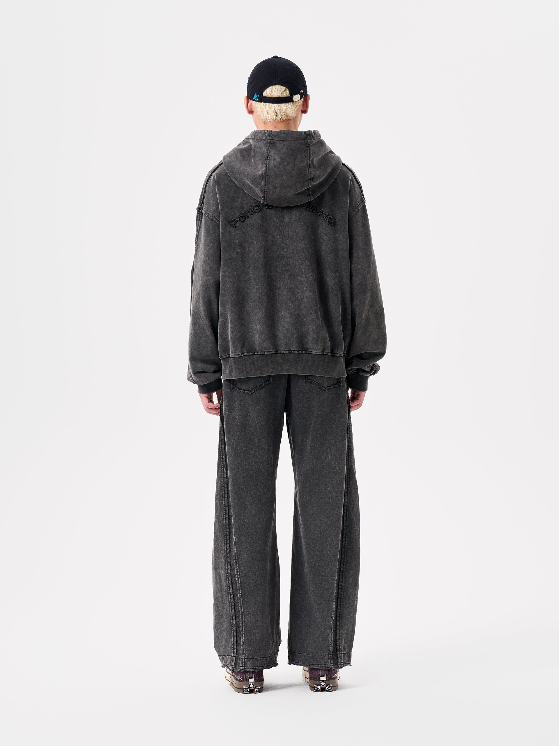 GREY WASHED DECONSTRUCTED ZIP-UP HOODIE
