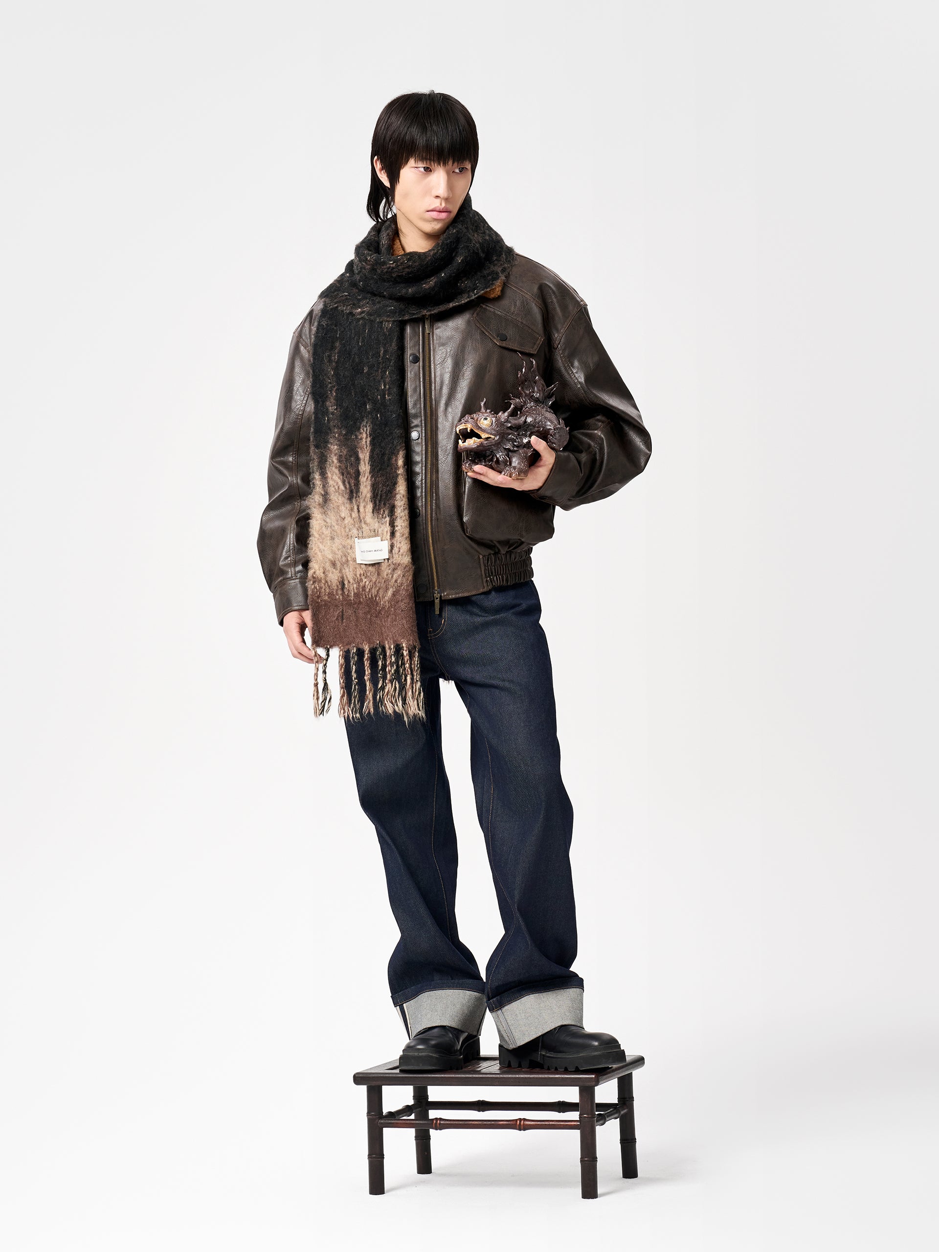 BROWN DECONSTRUCTED NOTCHED COLLAR PUFFER JACKET