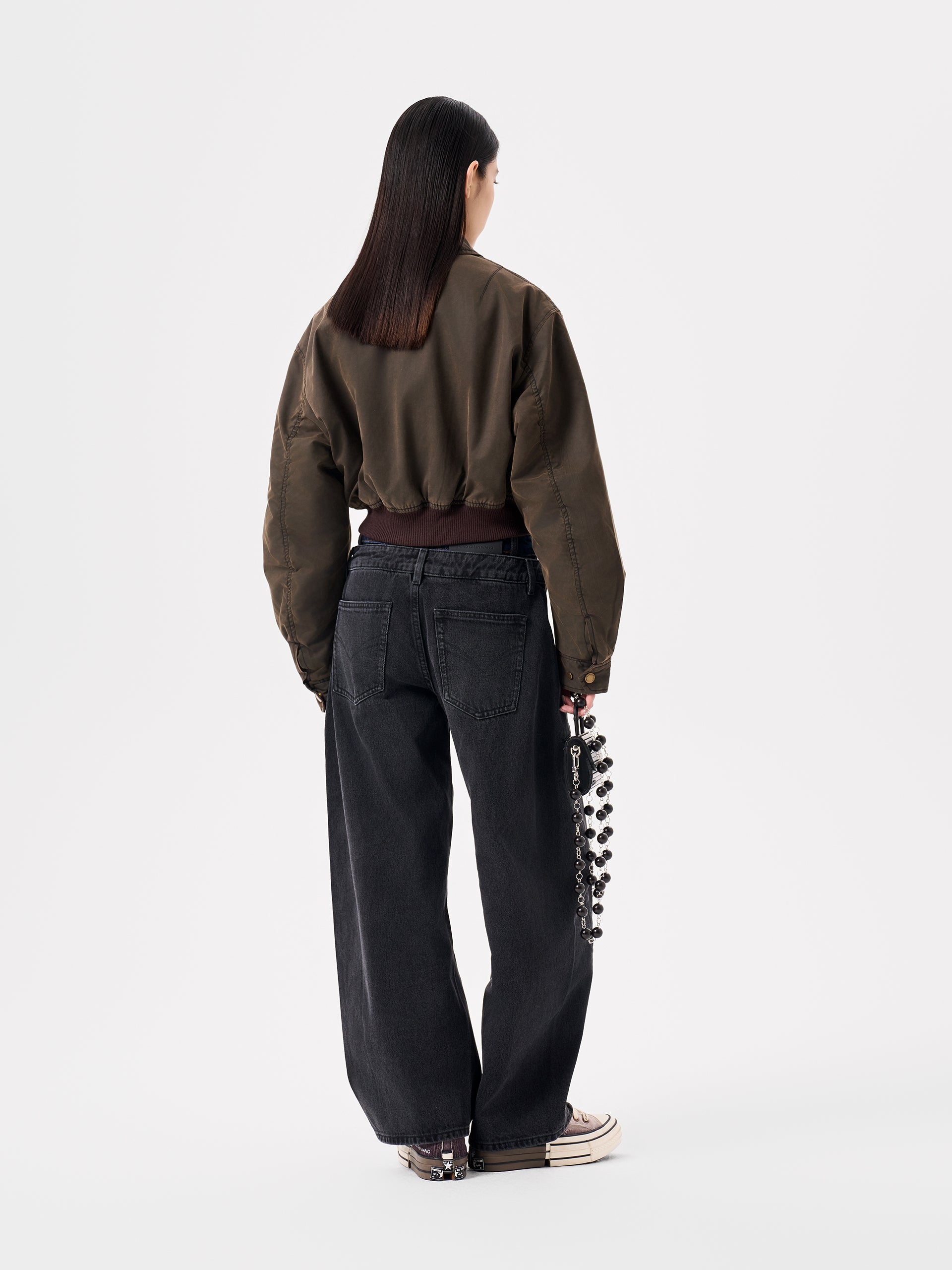 BLACK DOUBLE WAISTBAND CURVED SEAM JEANS