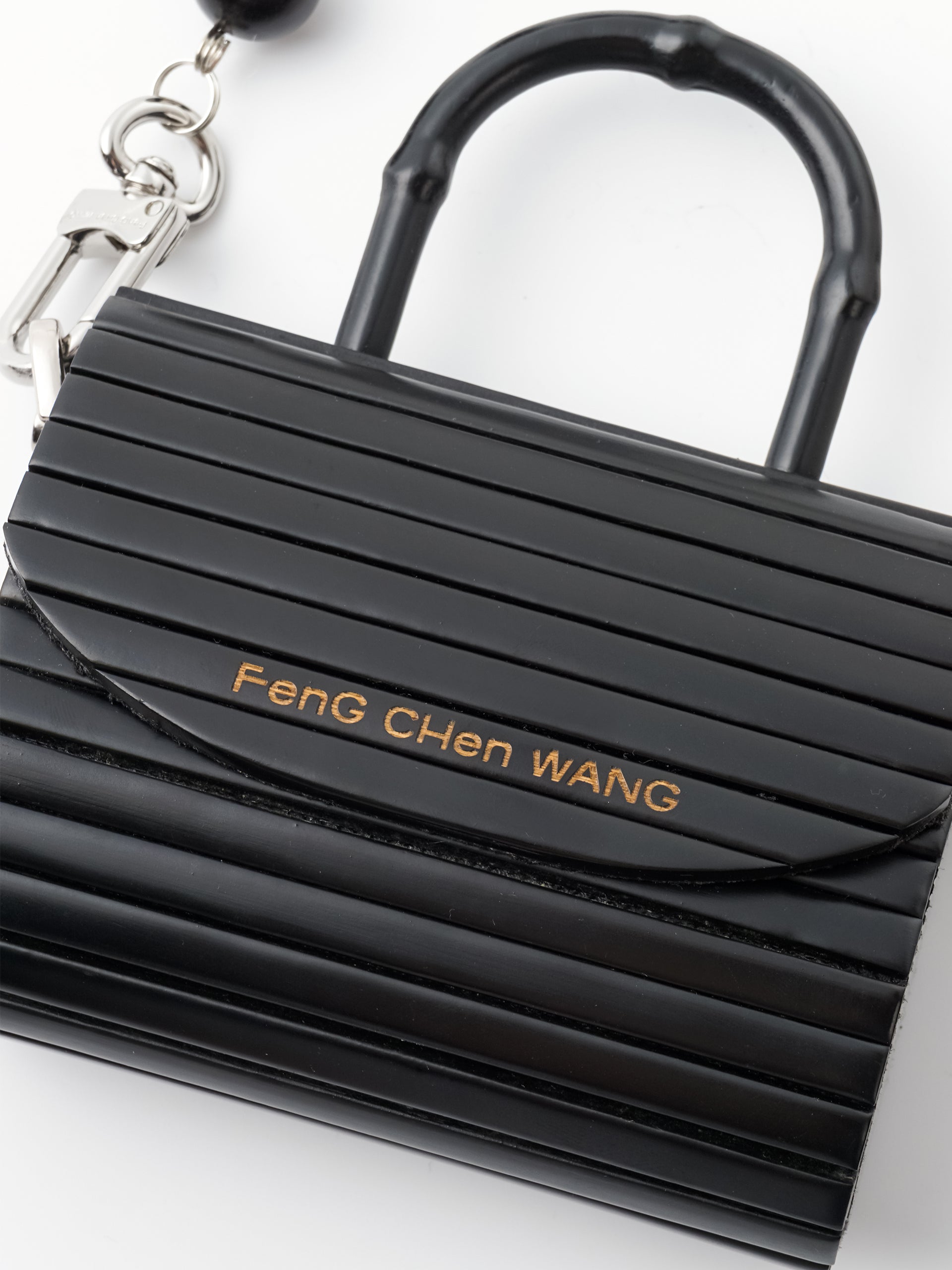 SMALL BLACK BRUSHED BAMBOO FLAP BAG WITH WOODEN BEAD STRAP