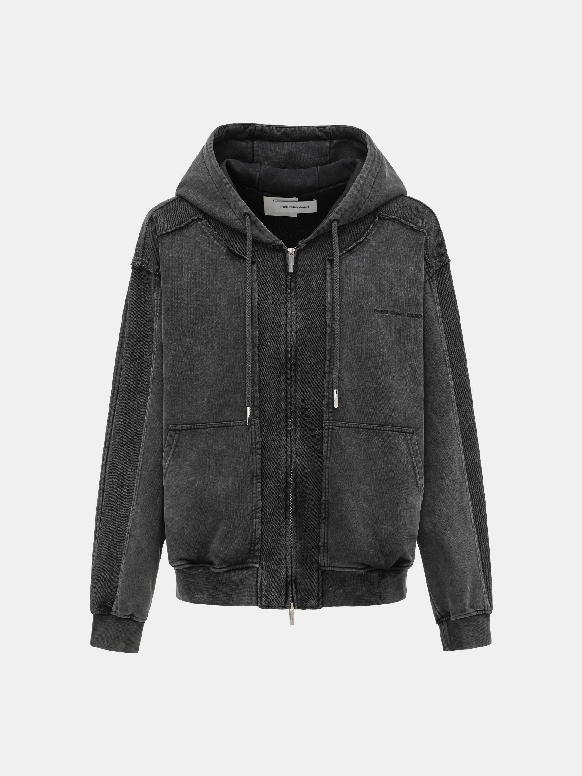 GREY WASHED DECONSTRUCTED ZIP-UP HOODIE