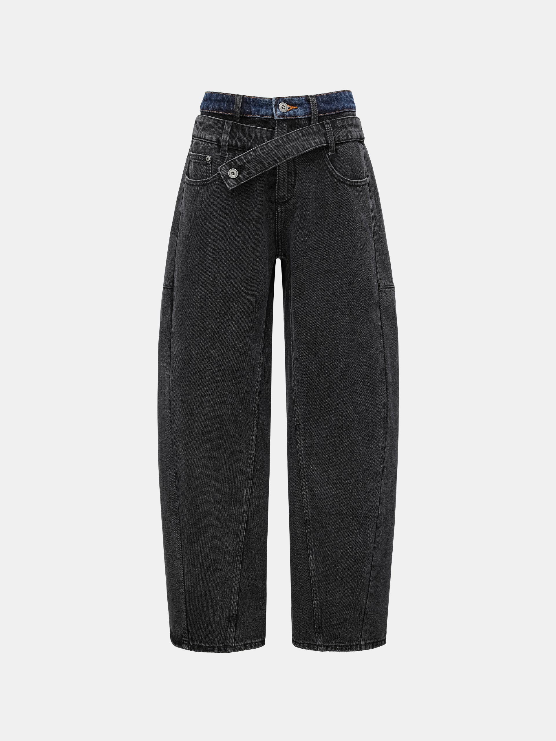 BLACK DOUBLE WAISTBAND CURVED SEAM JEANS