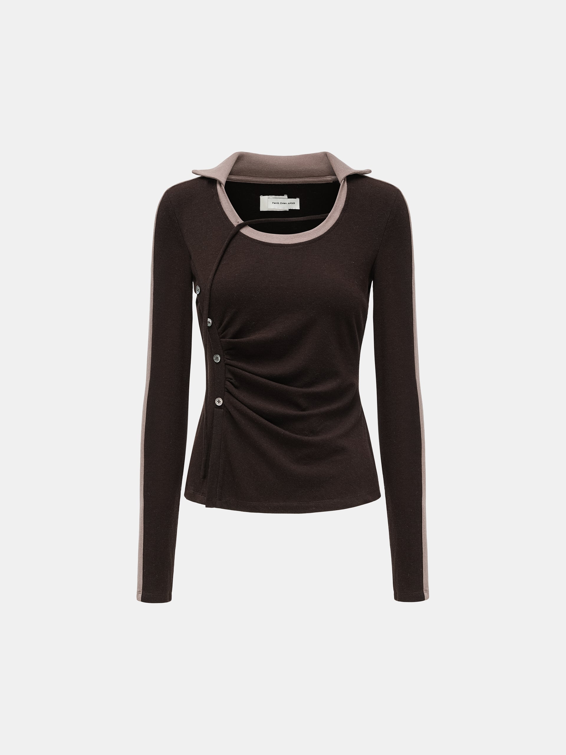 BROWN PANELLED CREW NECK LONG SLEEVE TOP