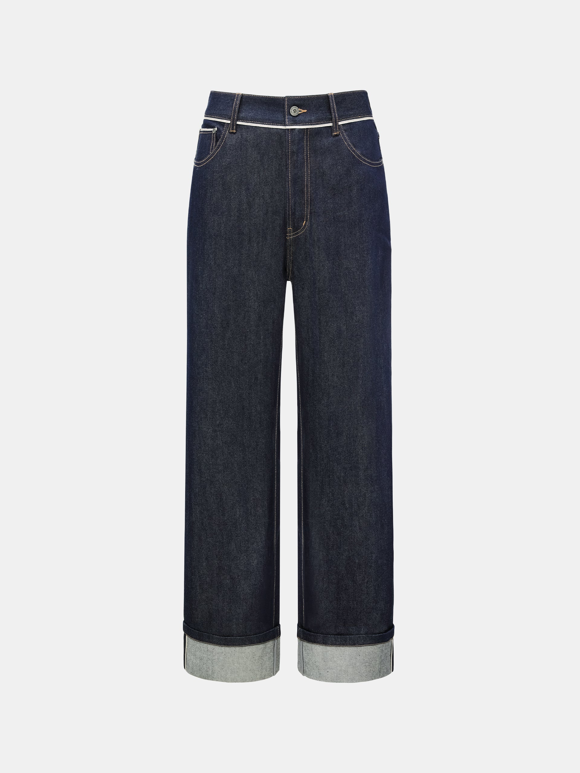 NAVY BLUE CUFFED STRAIGHT-LEG JEANS