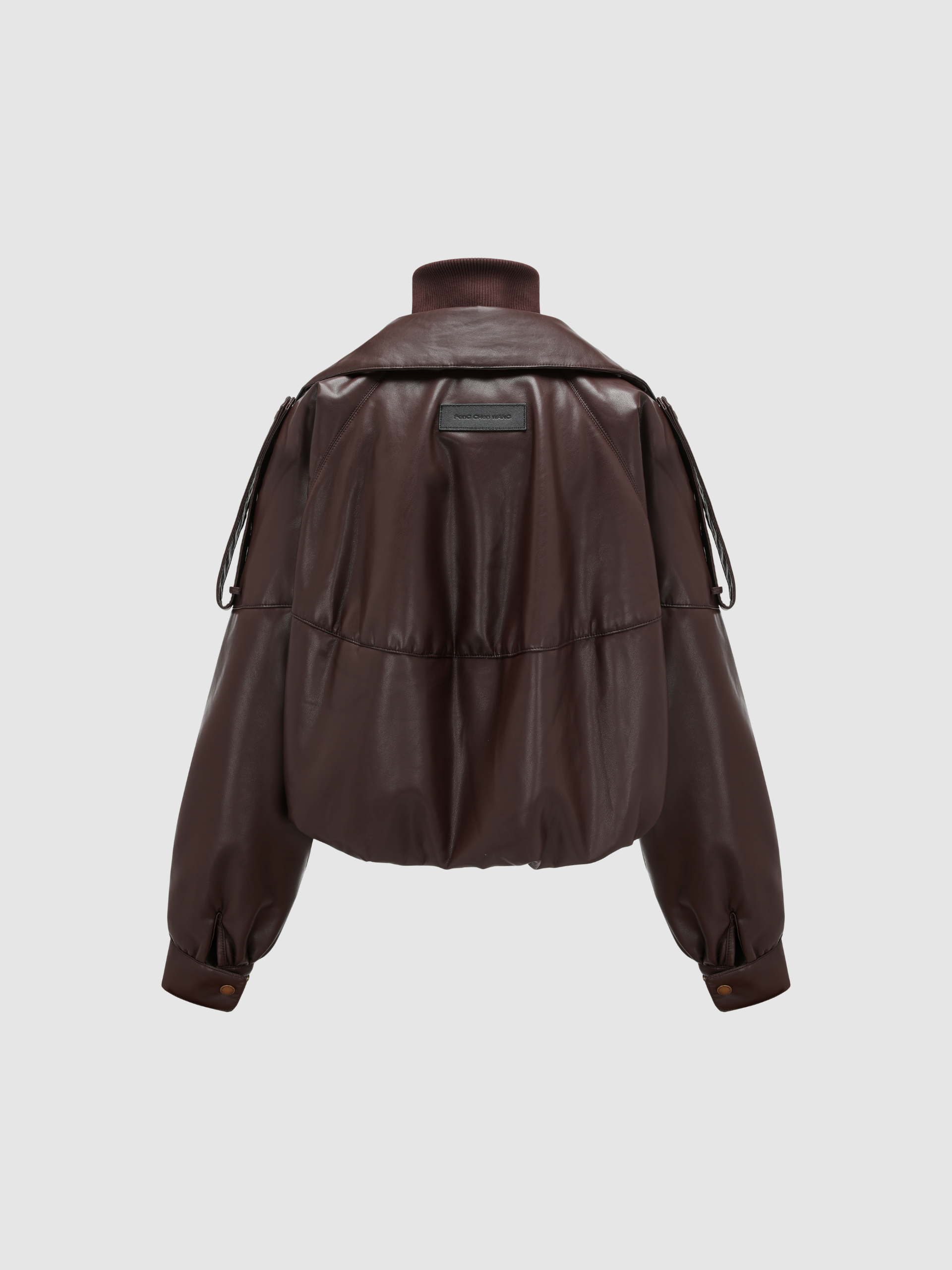 ASYMMETRIC DOUBLE COLLAR FAUX-LEATHER OVERSIZE JACKET WITH SLANTED PLACKET - Feng Chen Wang