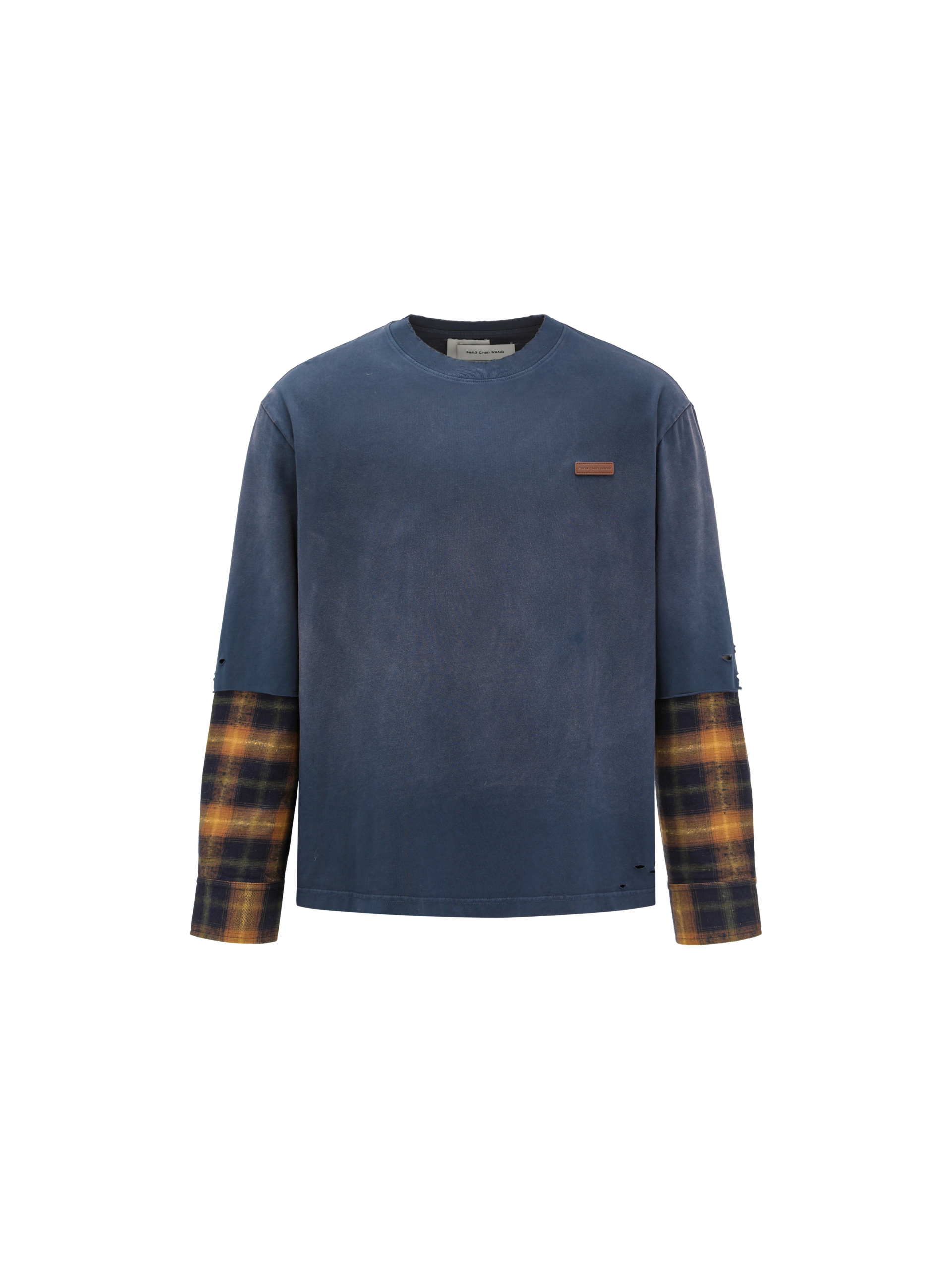 NAVY GRADIENT WASHED PATCHWORK LONG-SLEEVE T-SHIRT - Feng Chen Wang