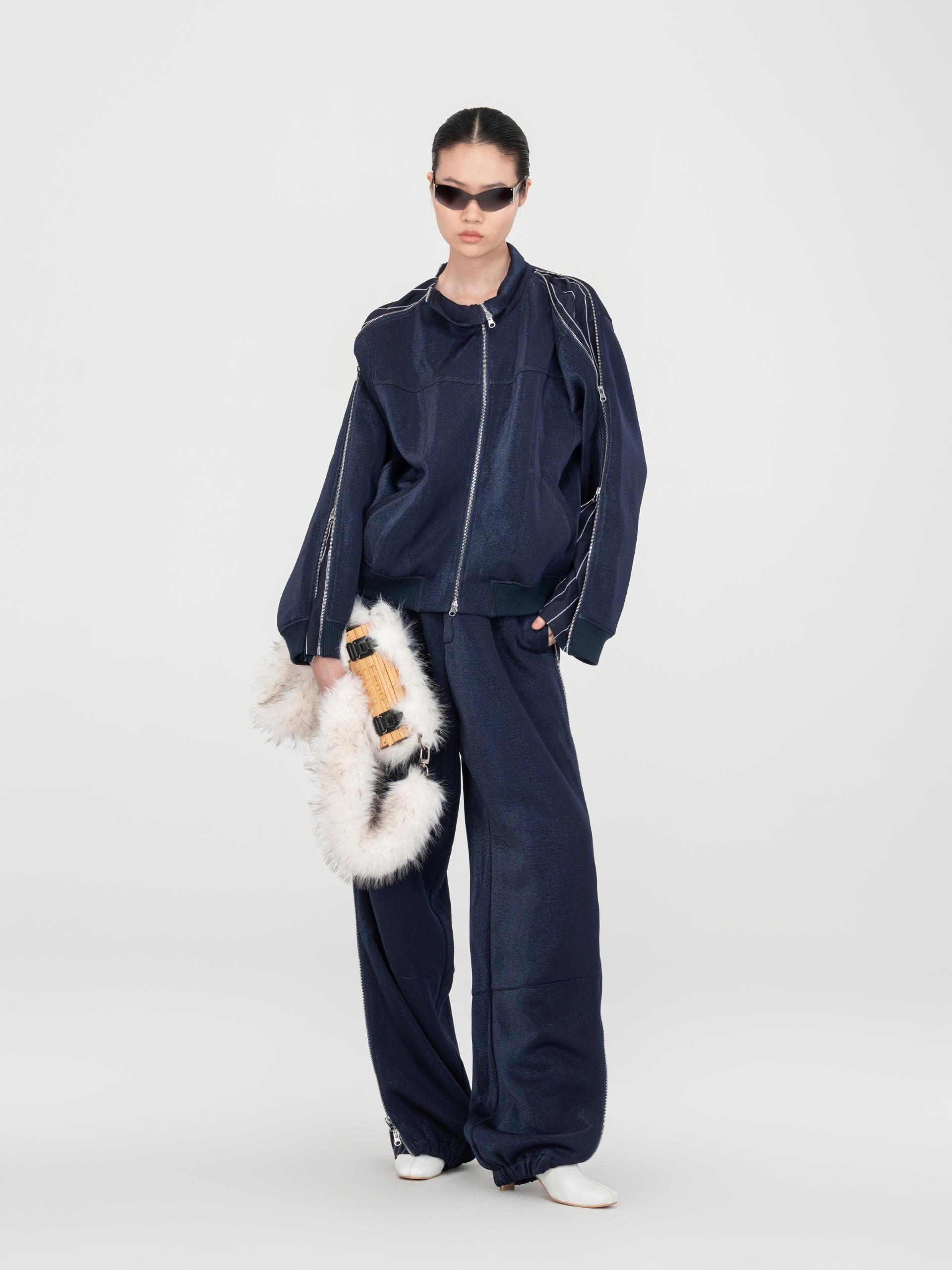 NAVY SUBTLE SHIMMER STRIPED PANEL PANTS
