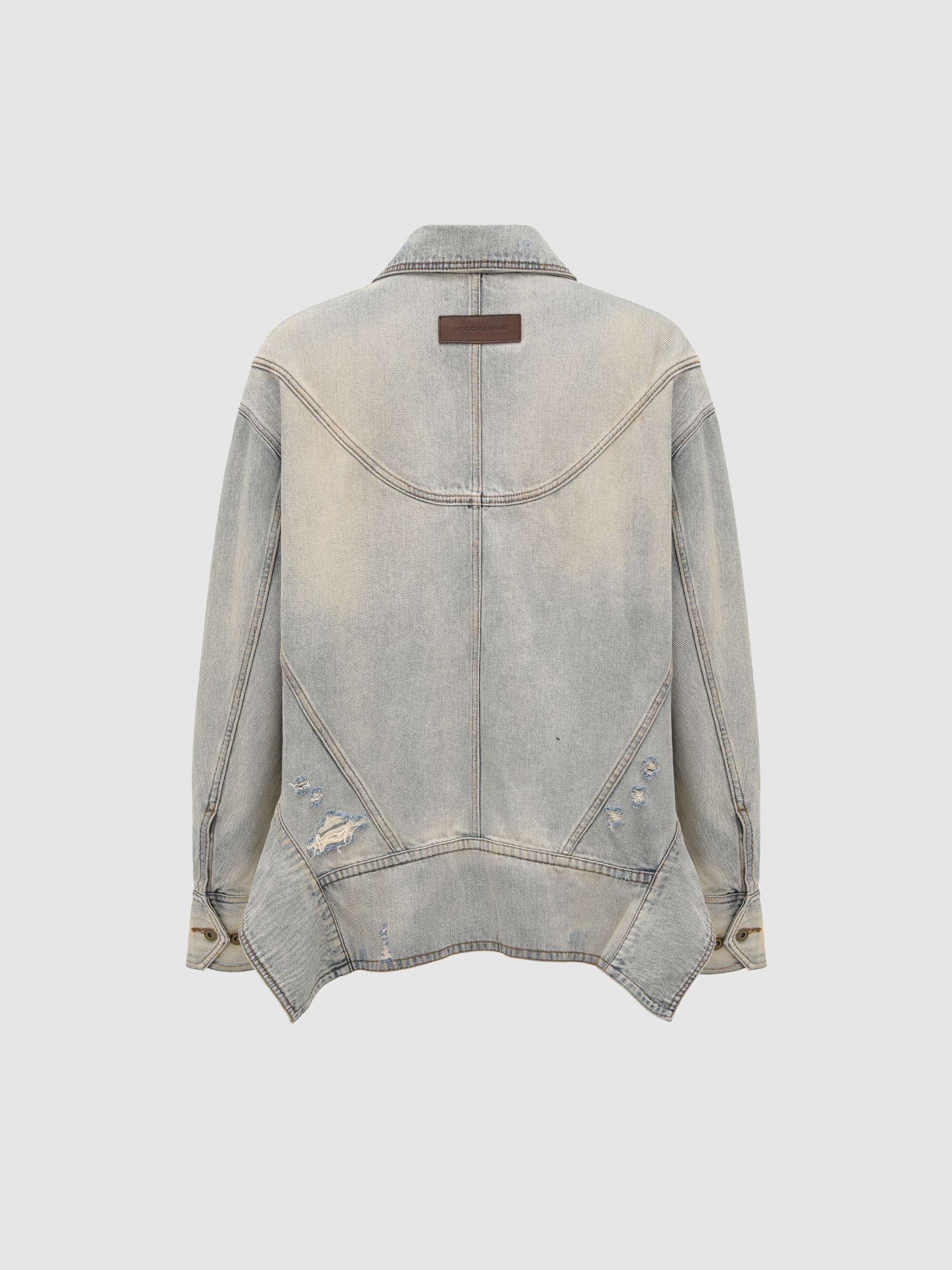 LIGHT BLUE INVERTED-CONSTRUCTION DISTRESSED DENIM JACKET
