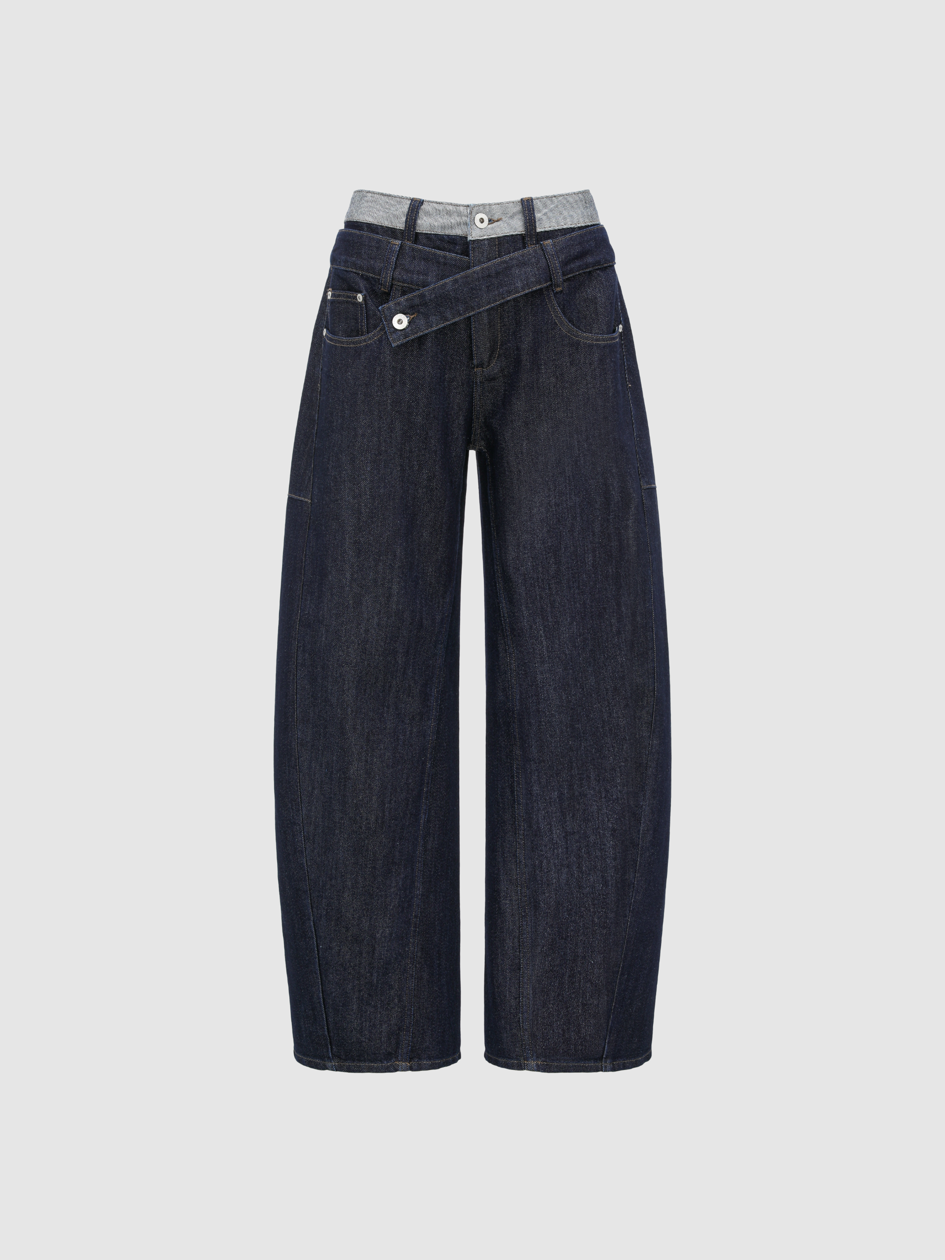 NAVY METALLIC DOUBLE WAISTBAND DENIM PANTS