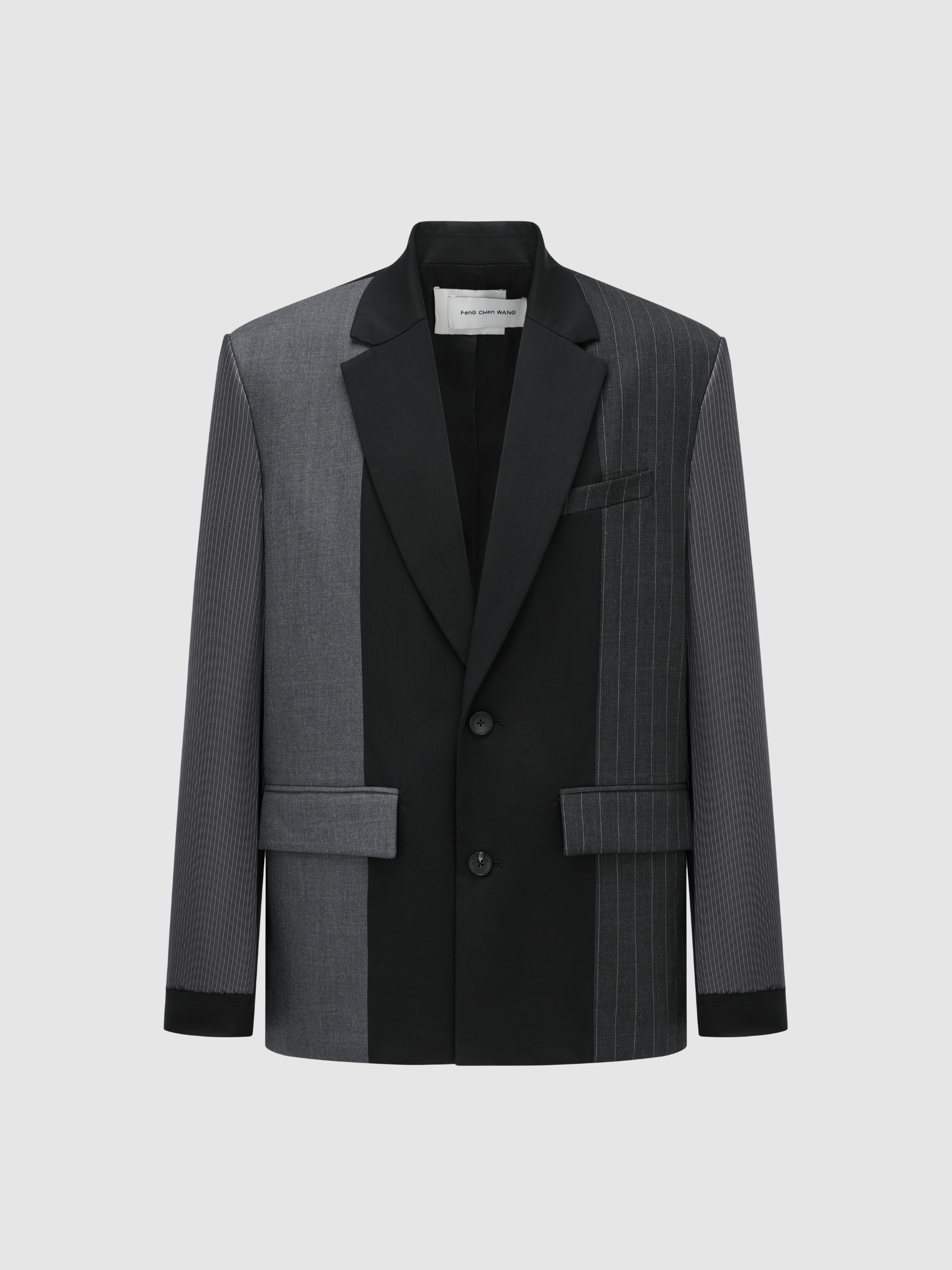 BLACK AND GREY PANELED BLAZER WITH INVERTED STRIPE SLEEVES