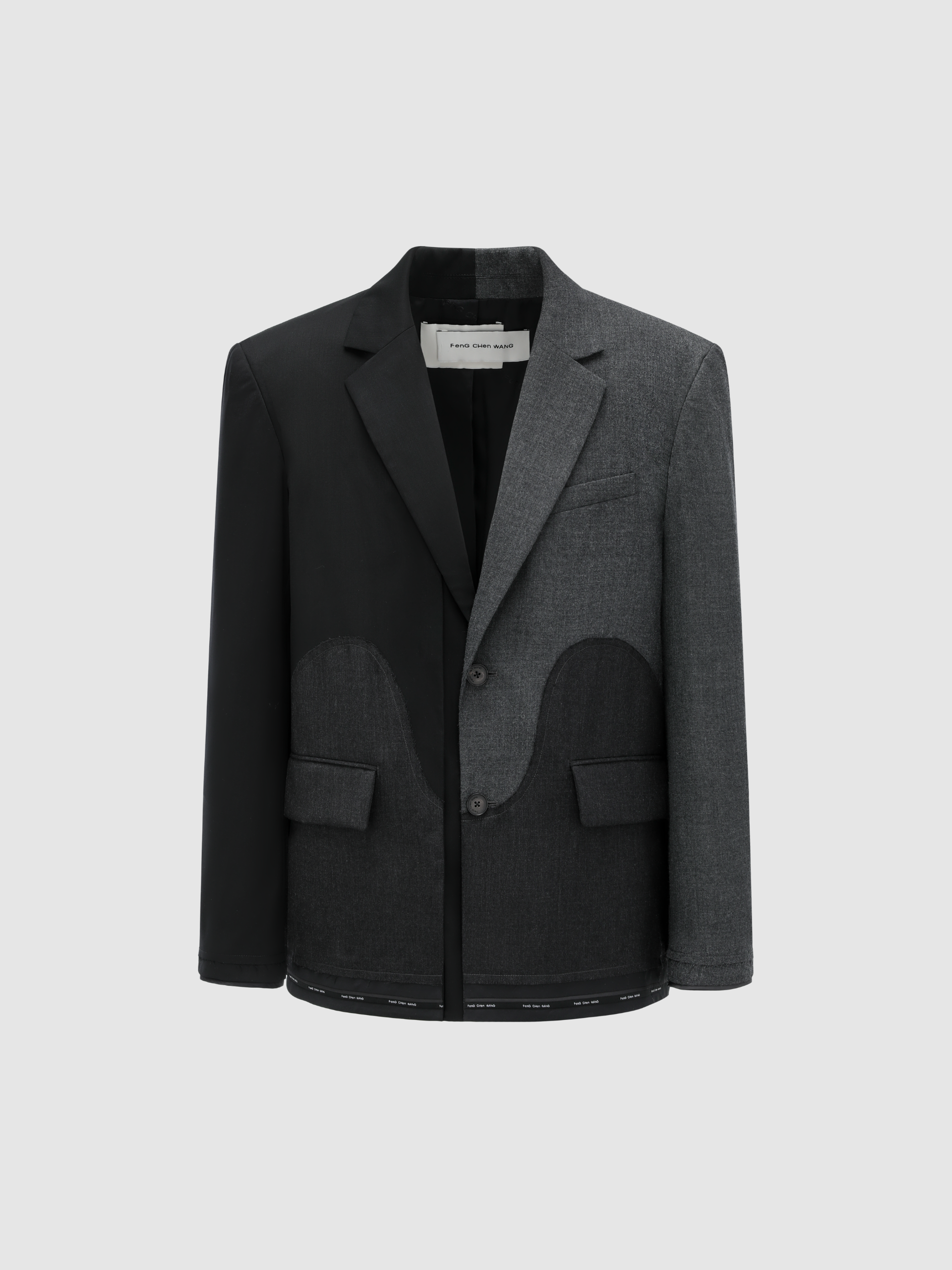 BLACK & CHARCOAL PANELED DECONSTRUCTED WOOL BLAZER