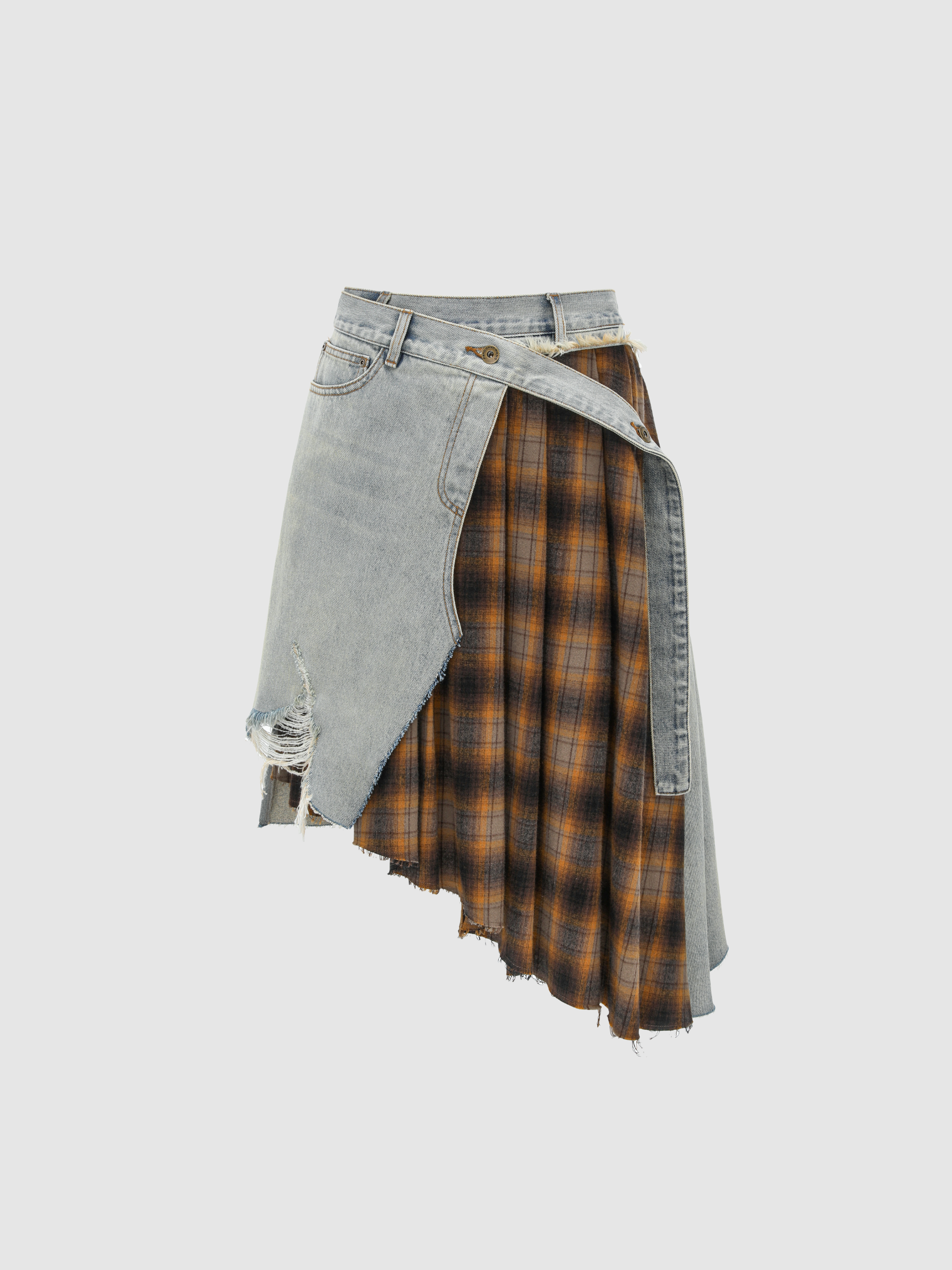 DECONSTRUCTED DENIM & PLAID WRAP SKIRT