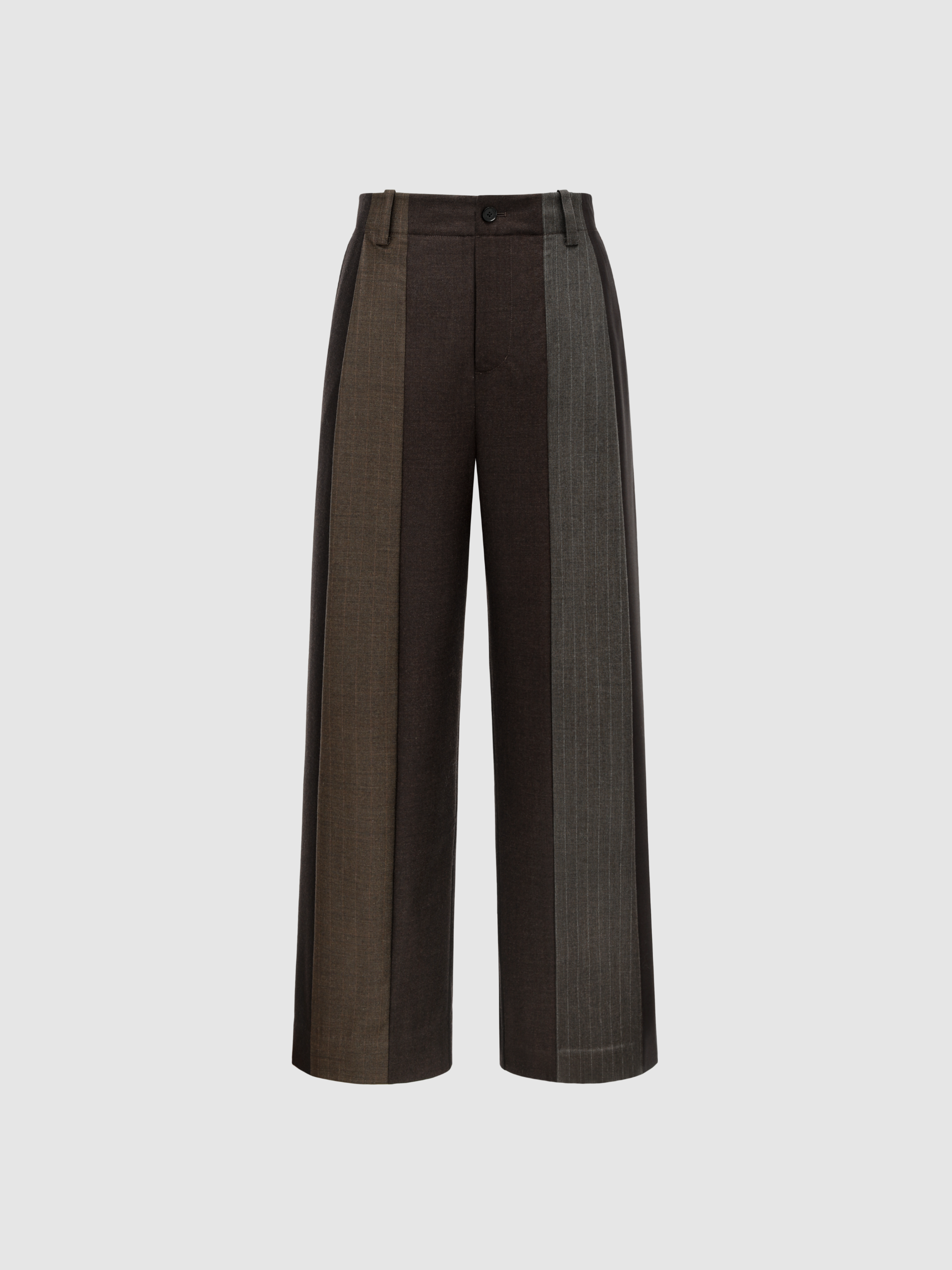 BROWN STRIPED AND SOLID PANELED TAILORED TROUSERS