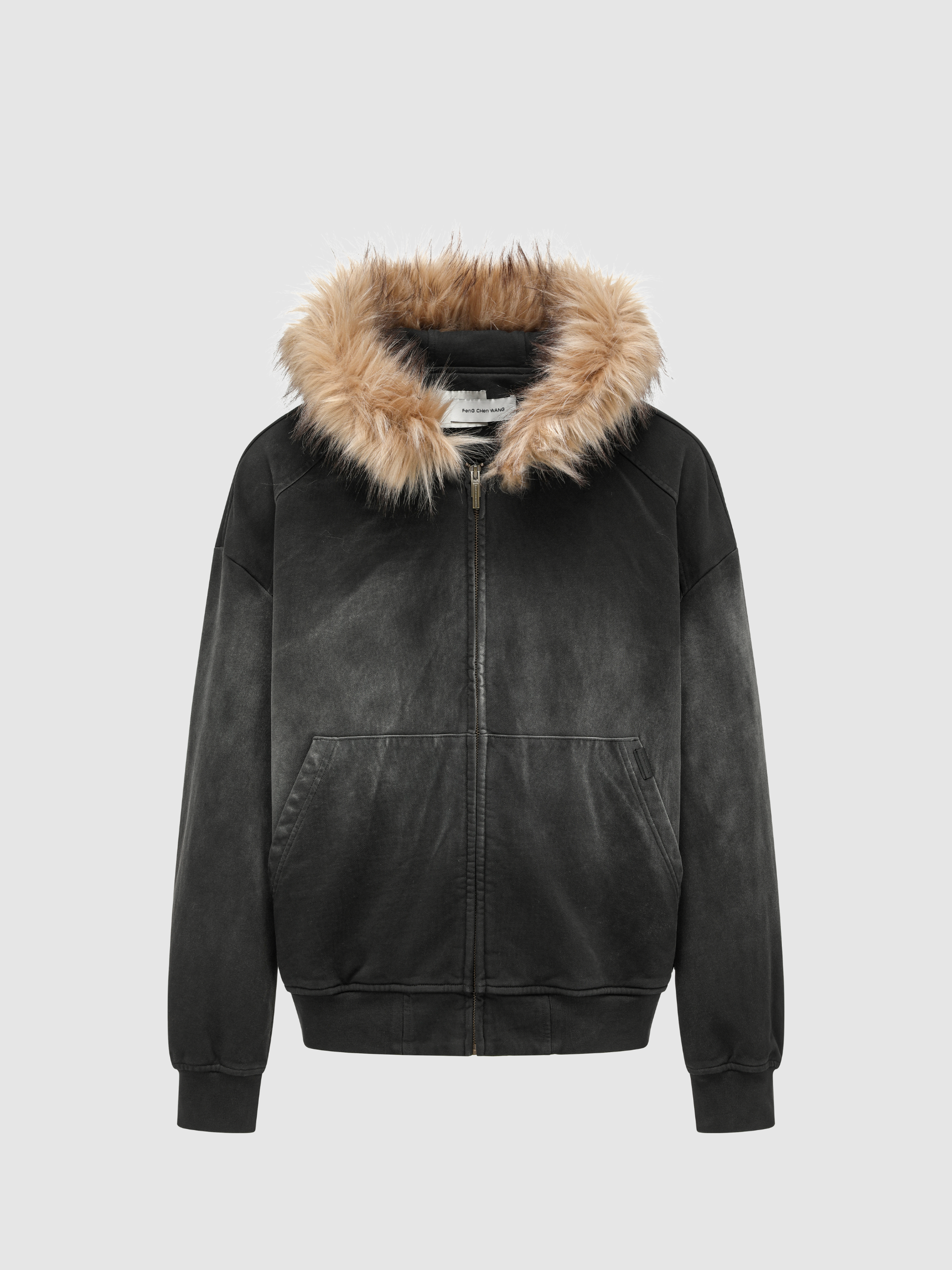 BLACK-GREY WASHED FUR-TRIM ZIP-UP HOODIE