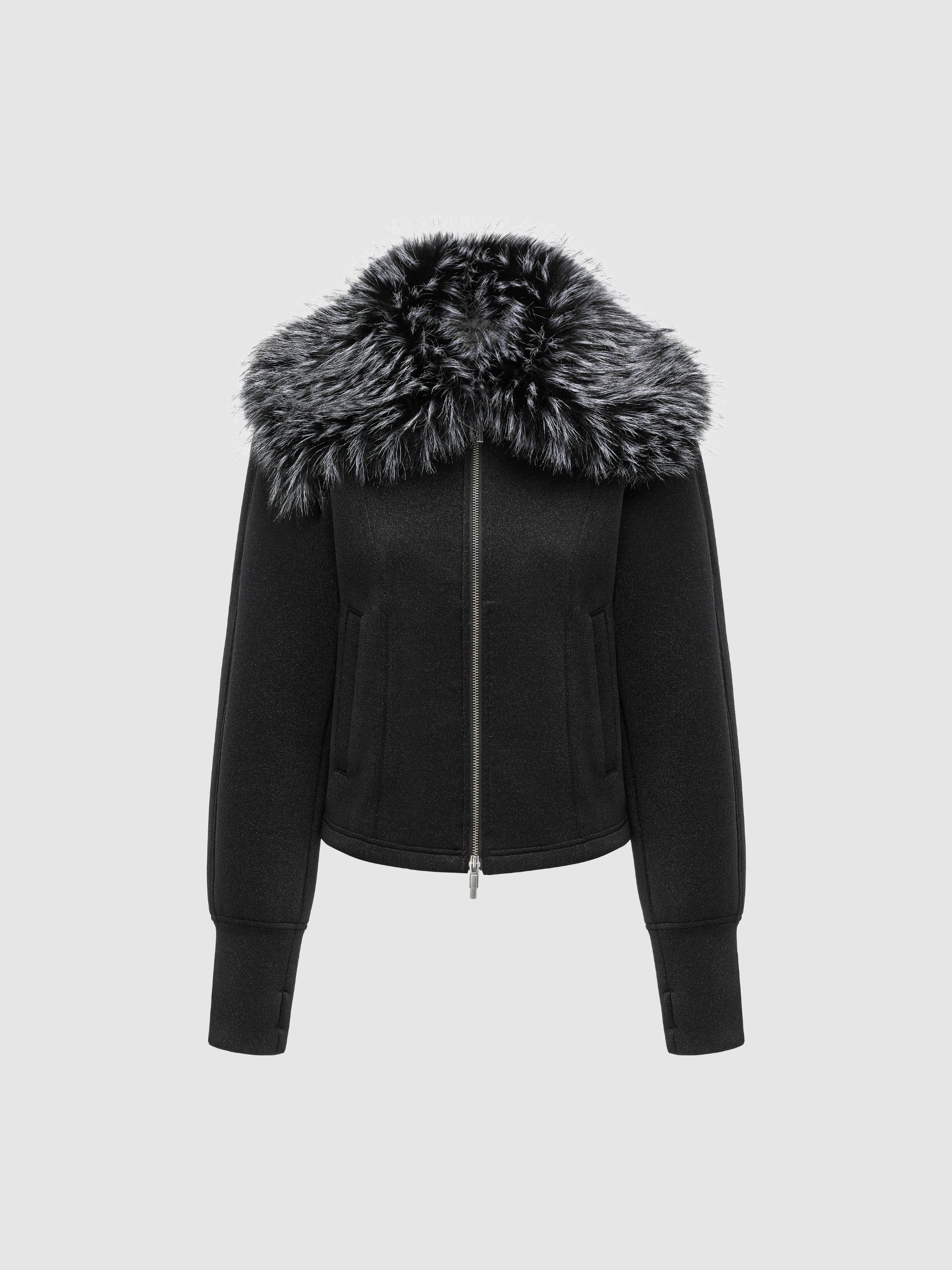 BLACK ZIP-UP TOP WITH DETACHABLE FAUX-FUR COLLAR