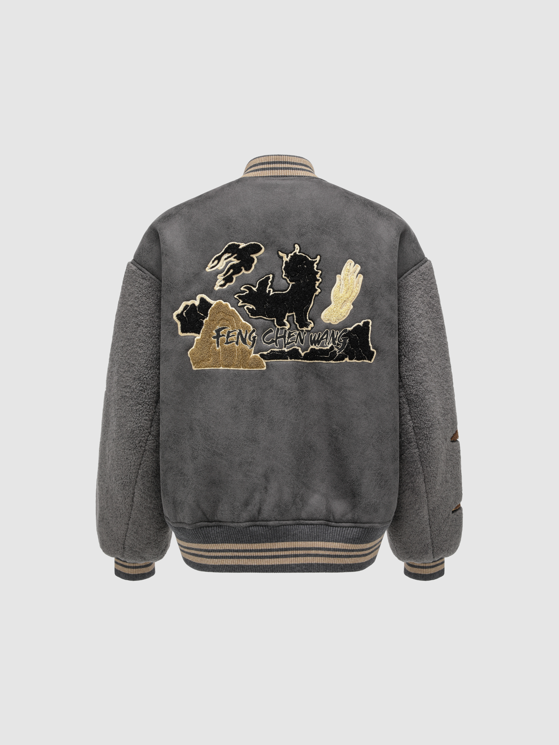 FAUX SHEARLING BOMBER JACKET WITH BADGE PATCHES - Feng Chen Wang