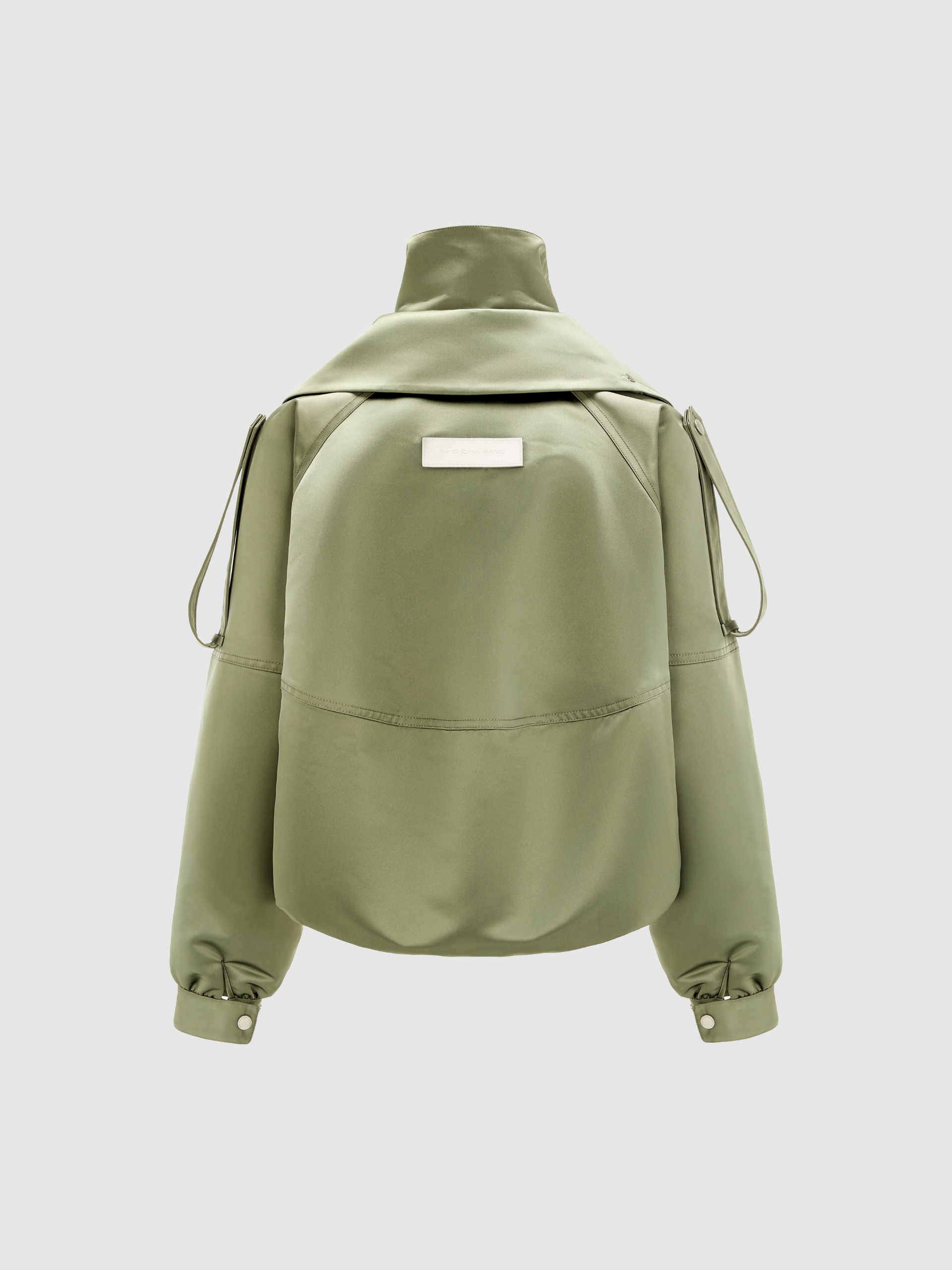 ASYMMETRIC DOUBLE COLLAR SATIN-SURFACE OVERSIZE JACKET WITH SLANTED PLANKET