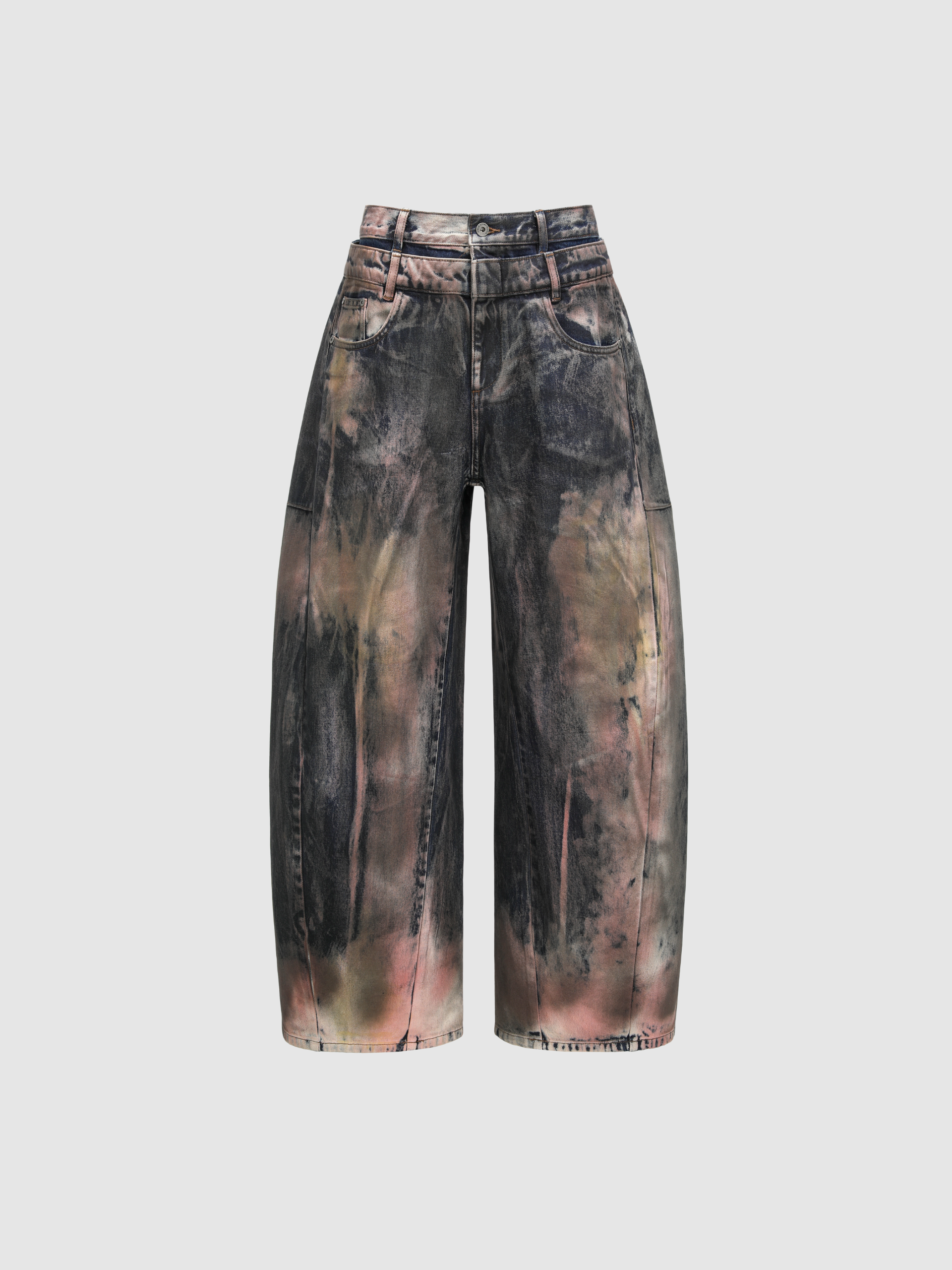 BROWN ARTISTICALLY TIE-DYED COATED DENIM PANTS