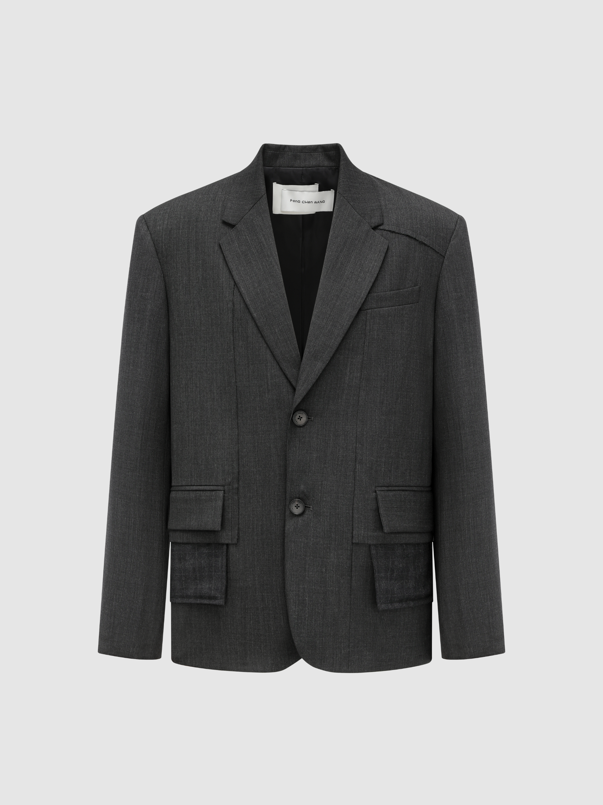 DARK GREY EXPOSED POCKET BAG RAW-EDGE TRIM WOOL BLAZER