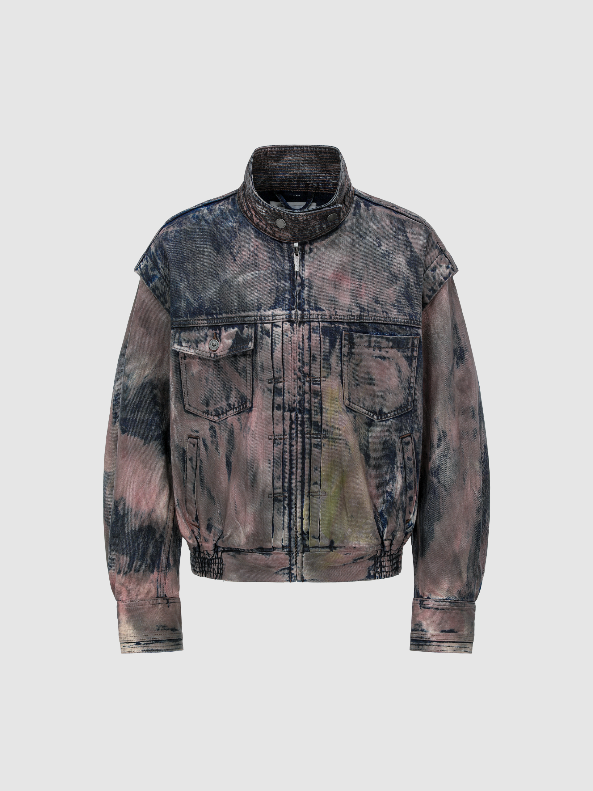BROWN ARTISTICALLY TIE-DYED COATED DENIM STAND-COLLAR JACKET