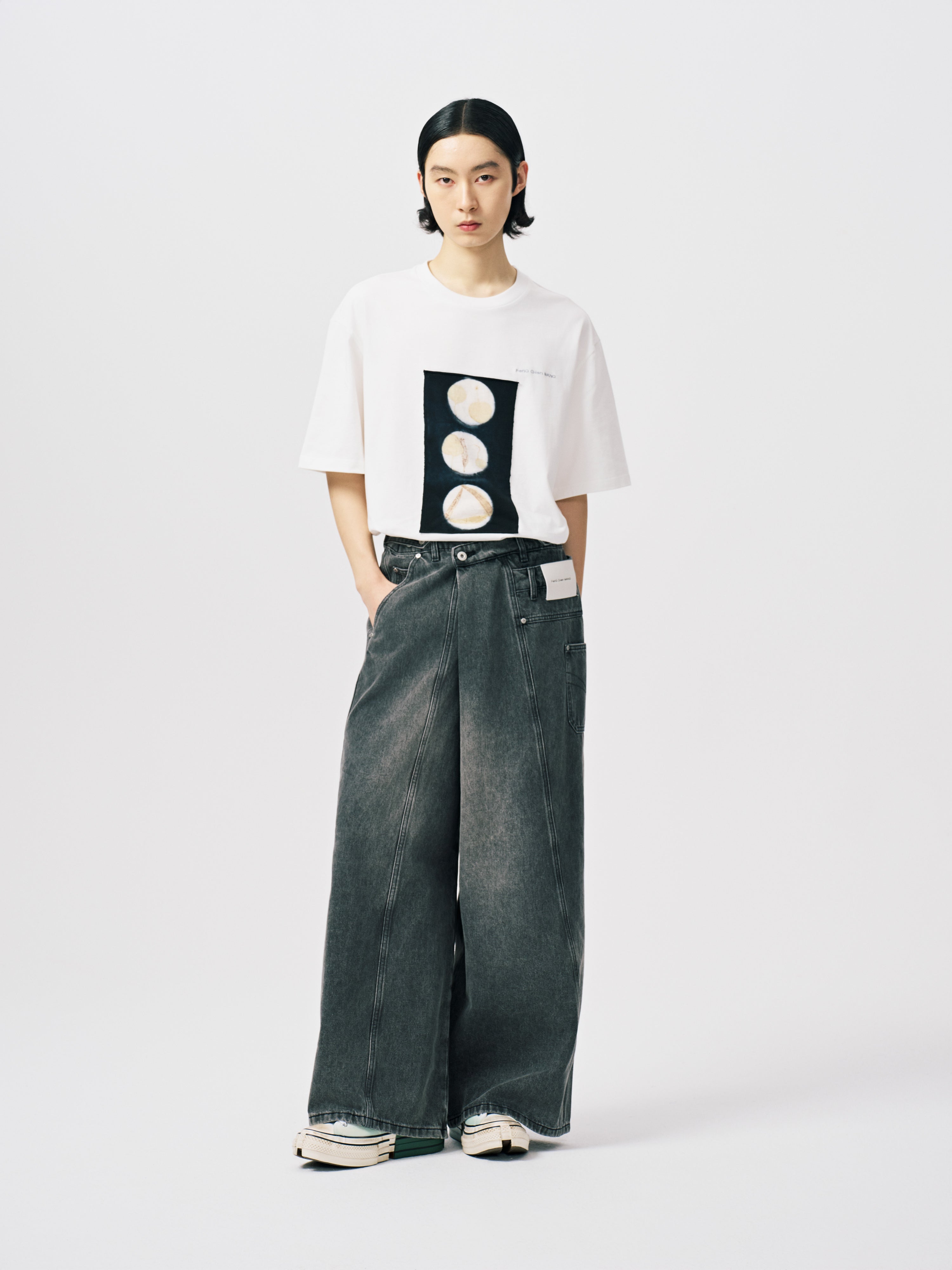 ASYMMETRIC WIDE LEG JEANS WITH PANEL REMAKE