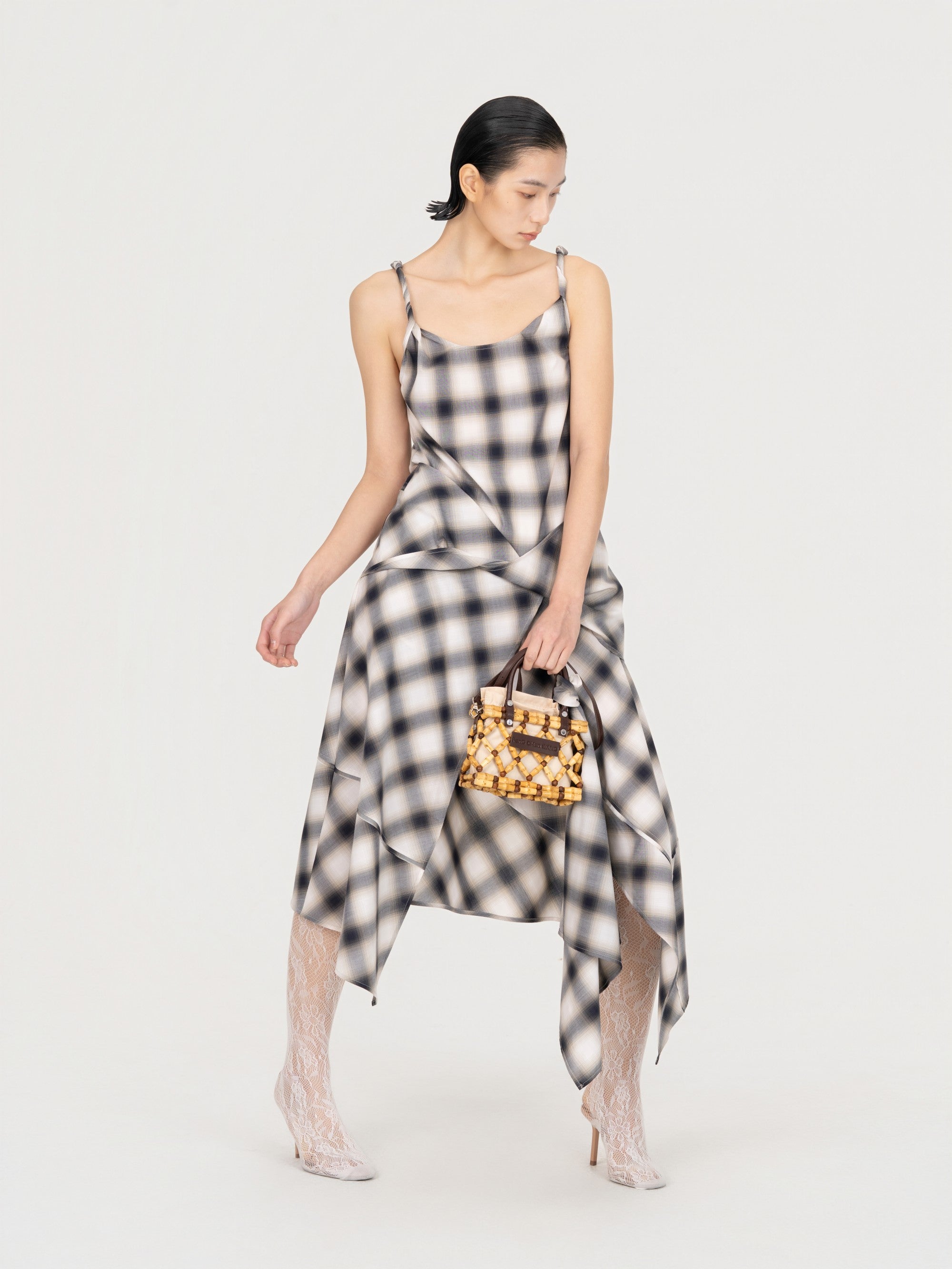 TWISTED DRAPE DRESS IN CHECK