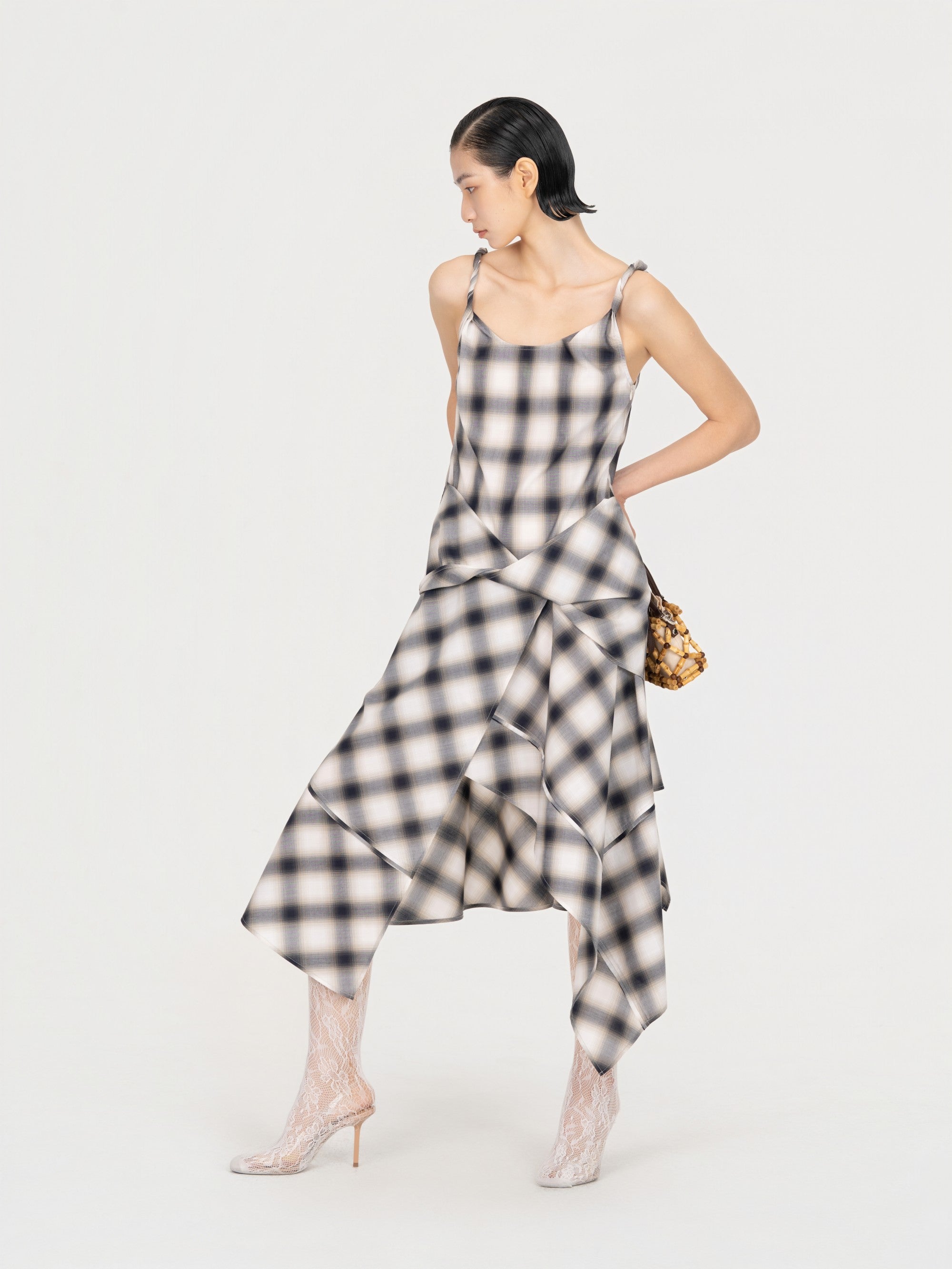 TWISTED DRAPE DRESS IN CHECK