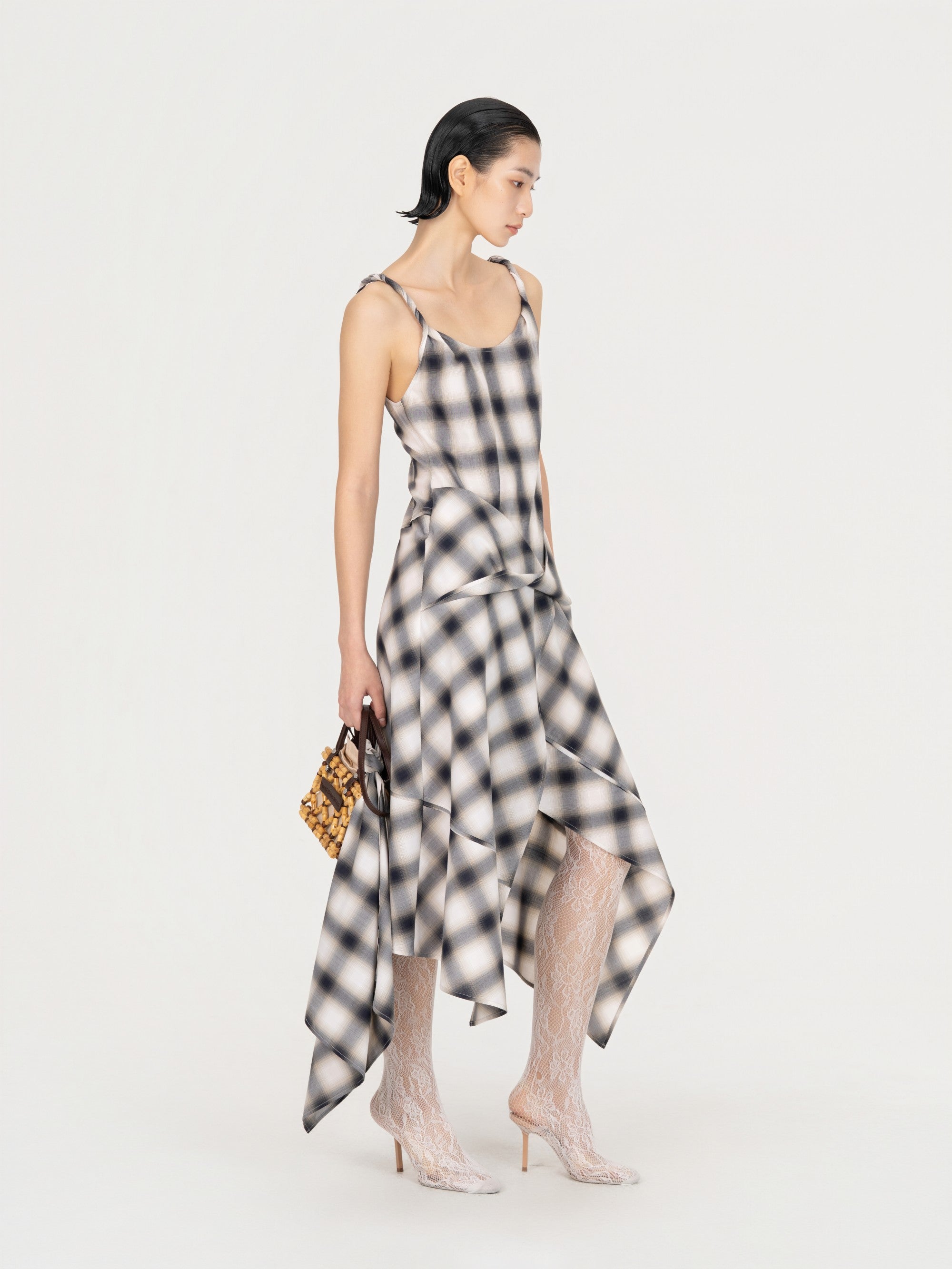 TWISTED DRAPE DRESS IN CHECK