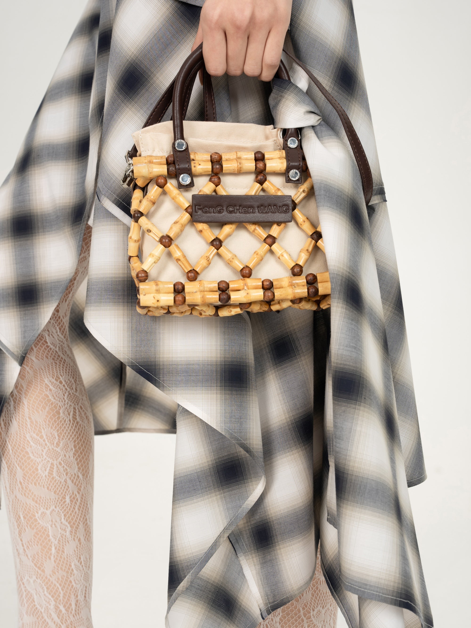 BROWN 2 IN 1 STRAP BAMBOO ROOT WEAVED BAG