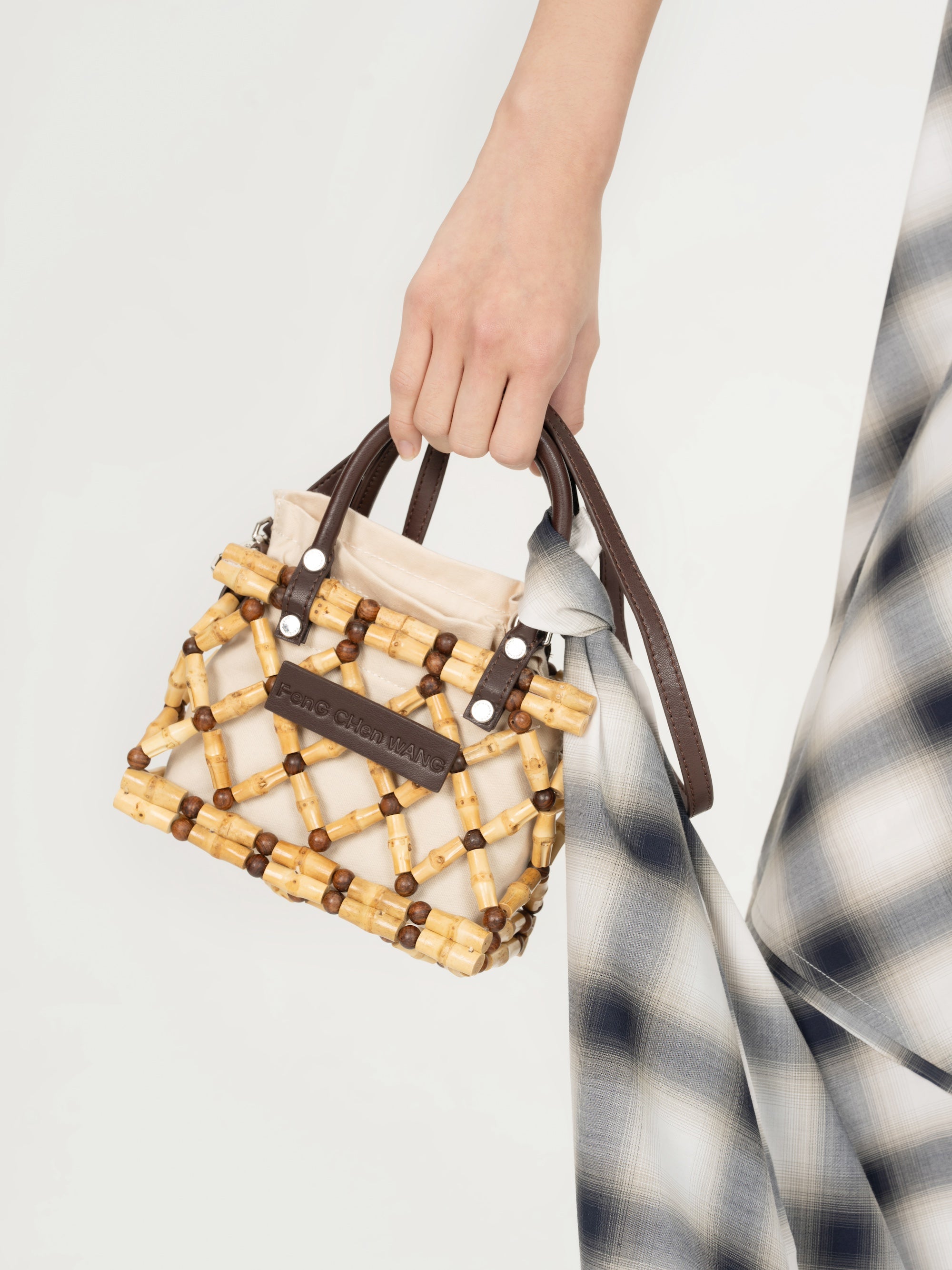 BROWN 2 IN 1 STRAP BAMBOO ROOT WEAVED BAG
