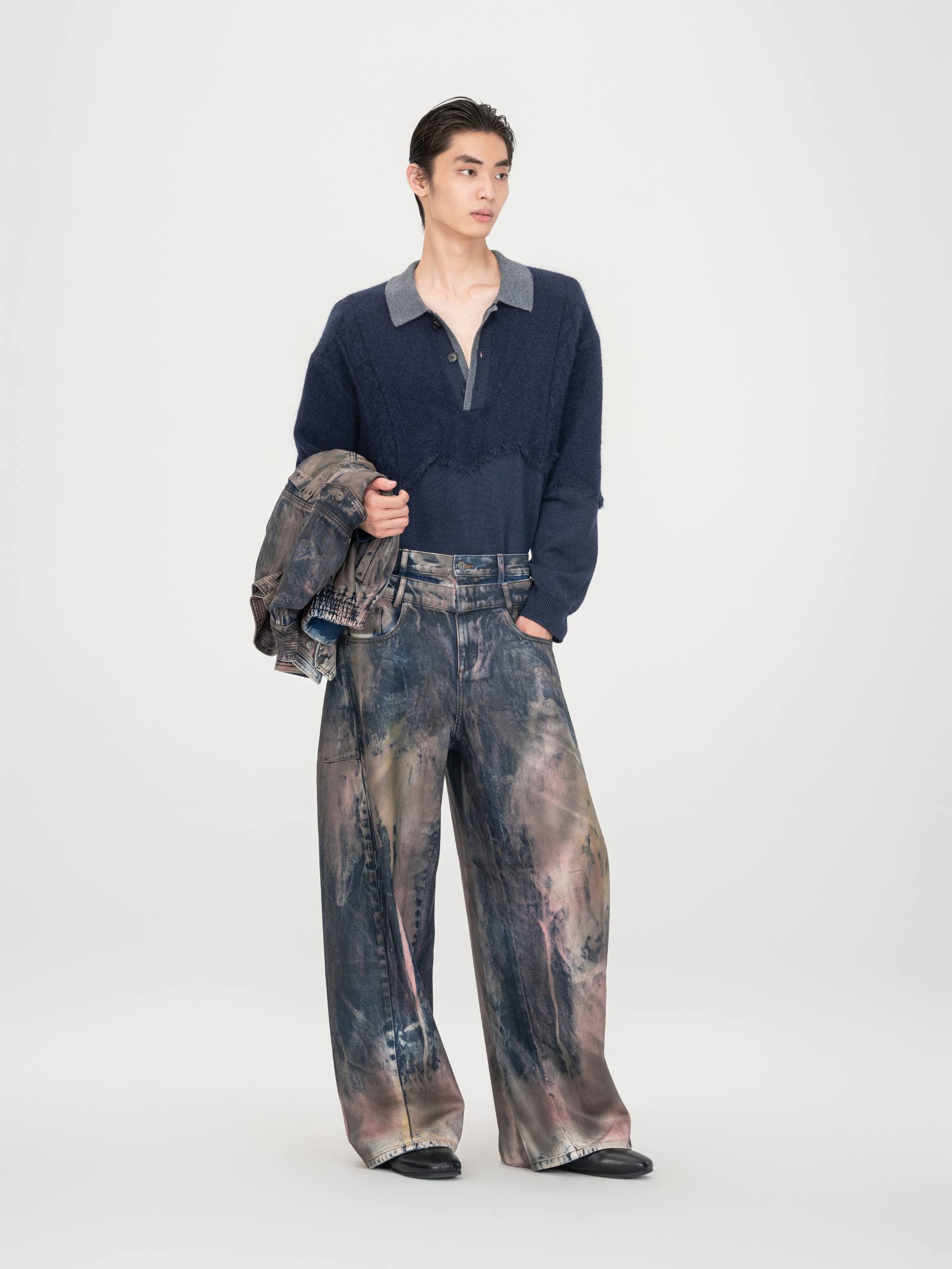 BROWN ARTISTICALLY TIE-DYED COATED DENIM PANTS