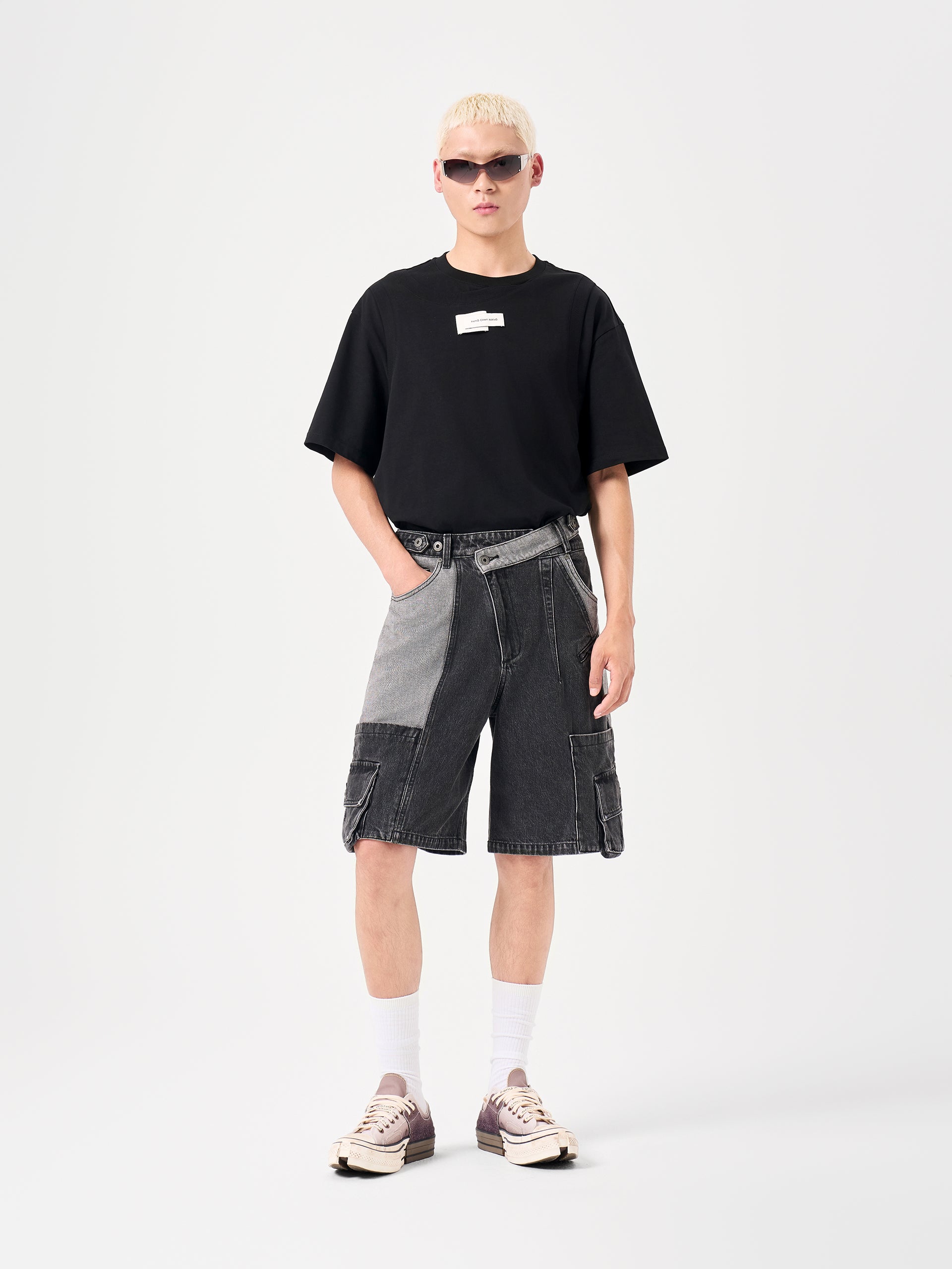 DECONSTRUCTED SLANTED PLACKET DENIM SHORTS