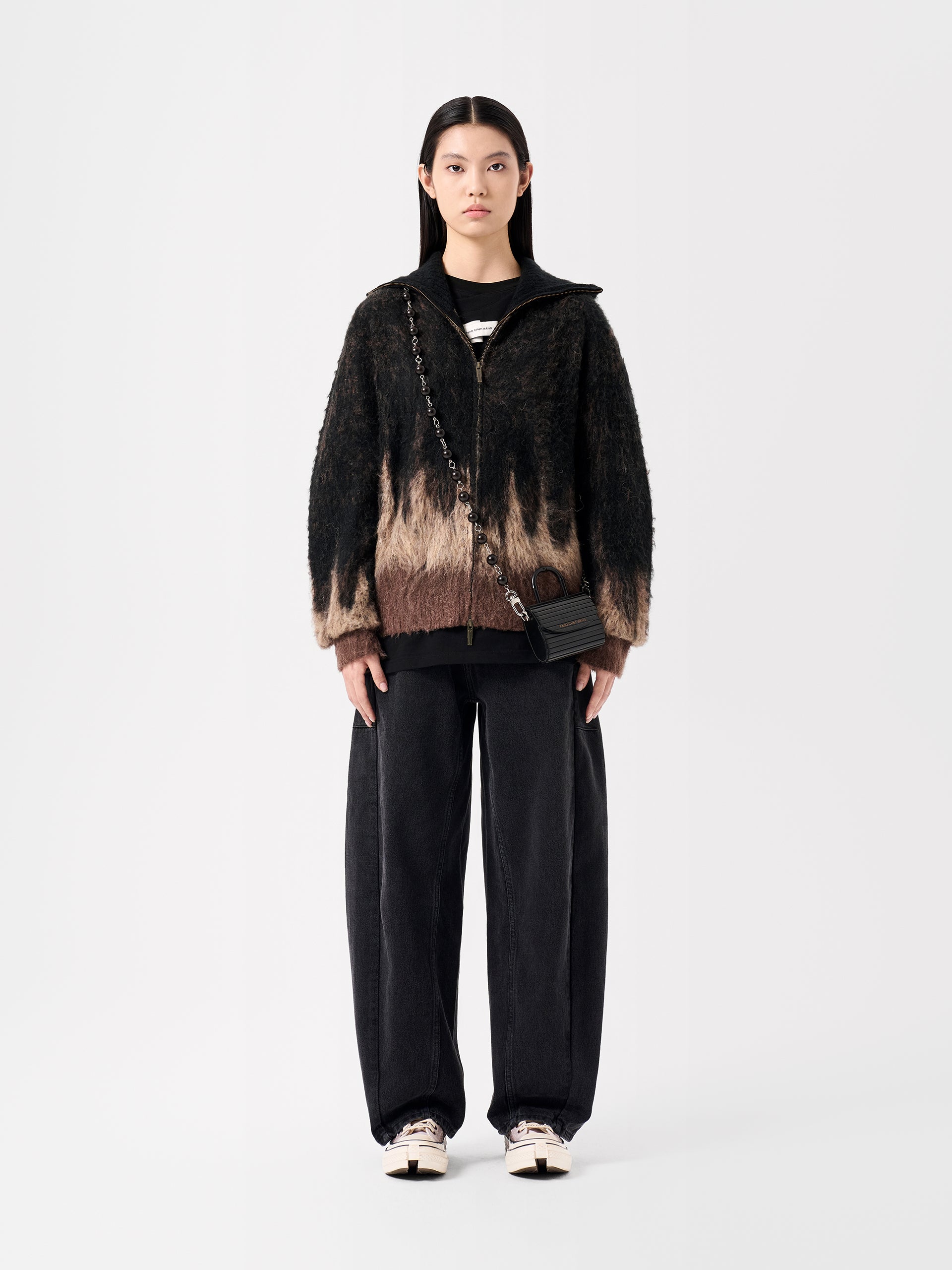 BLACK AND BROWN JACQUARD KNIT ZIP-UP CARDIGAN