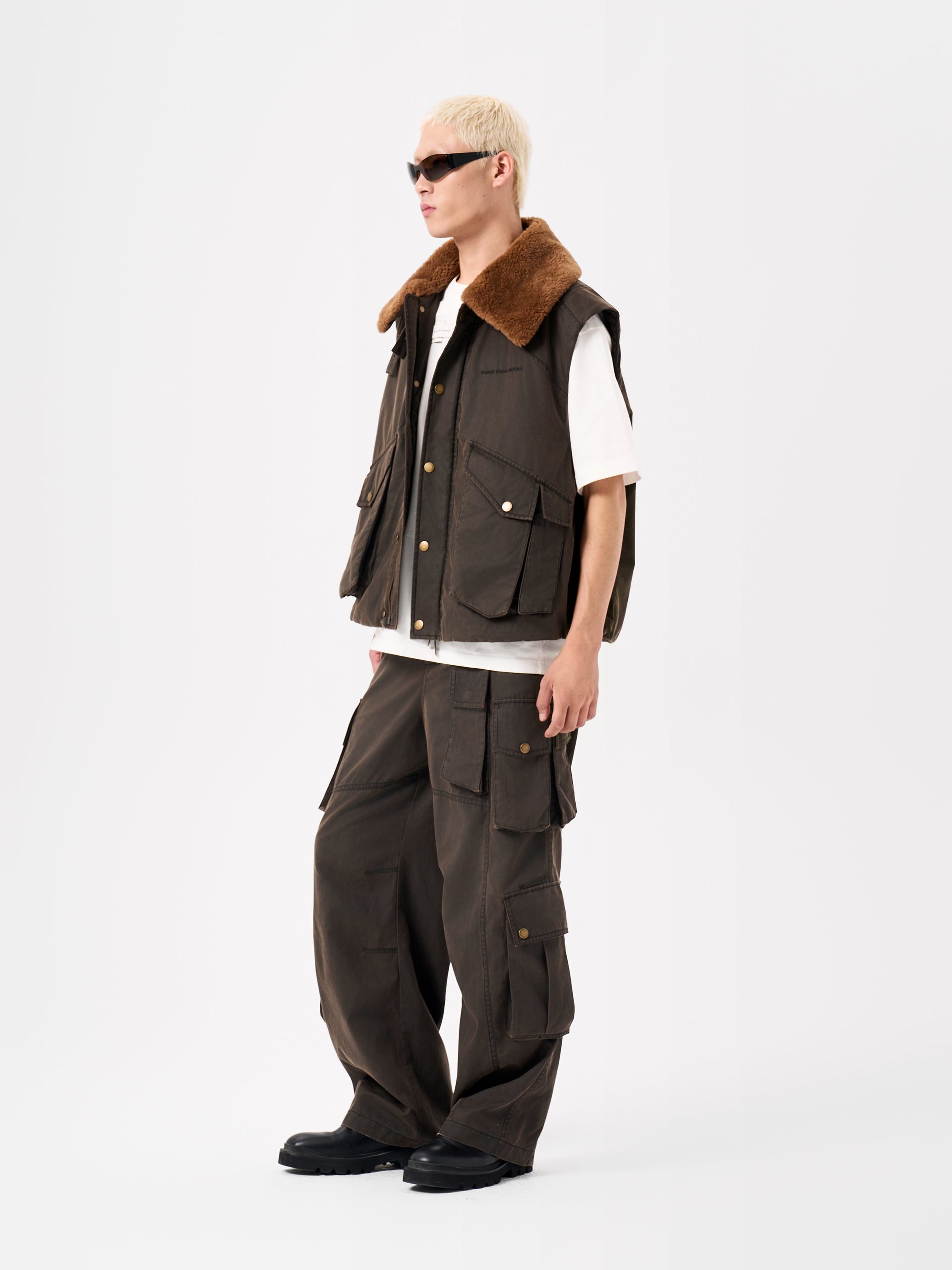 BROWN WASHED NYLON PUFFER VEST
