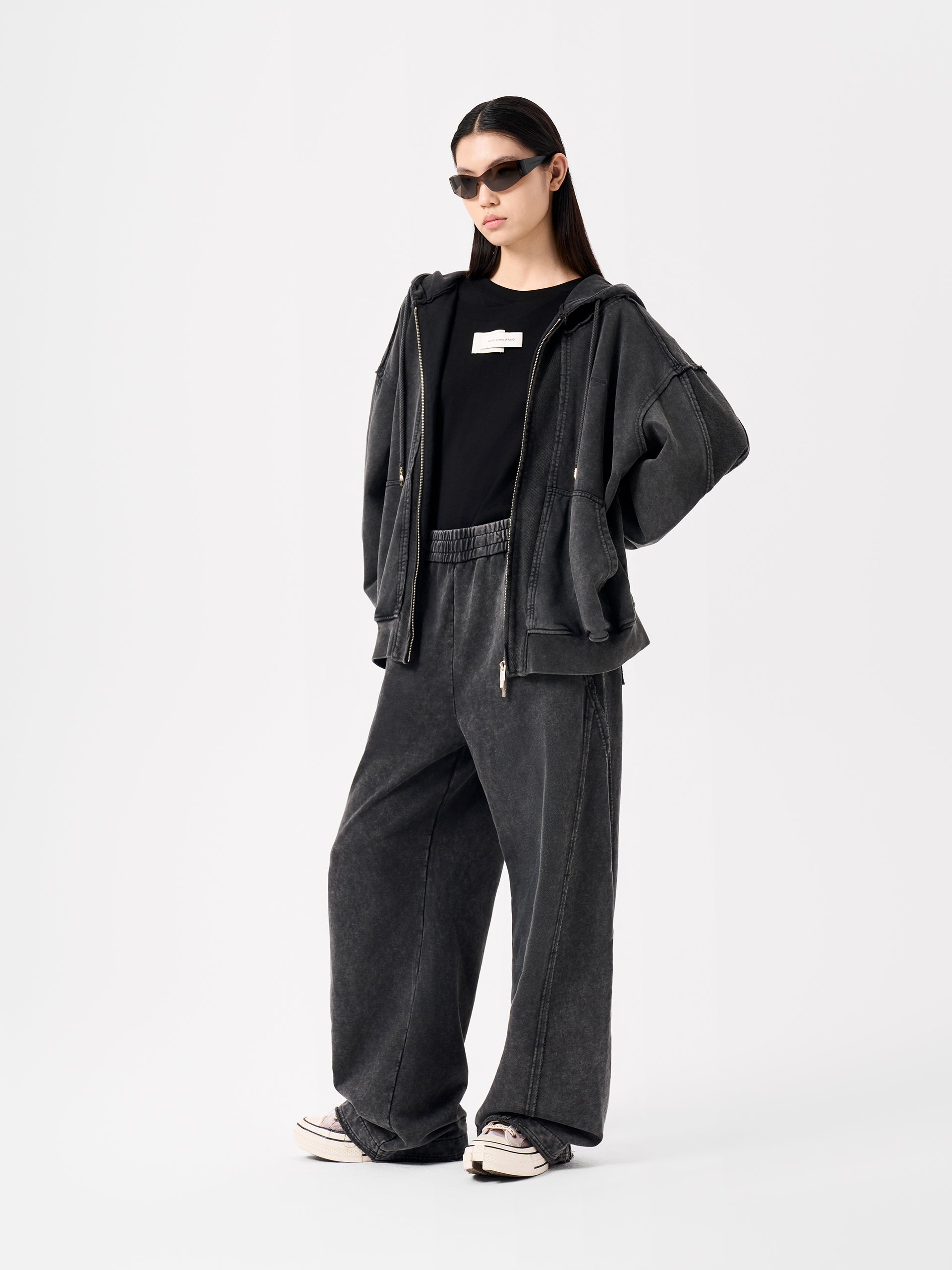 GREY WASHED DECONSTRUCTED ZIP-UP HOODIE