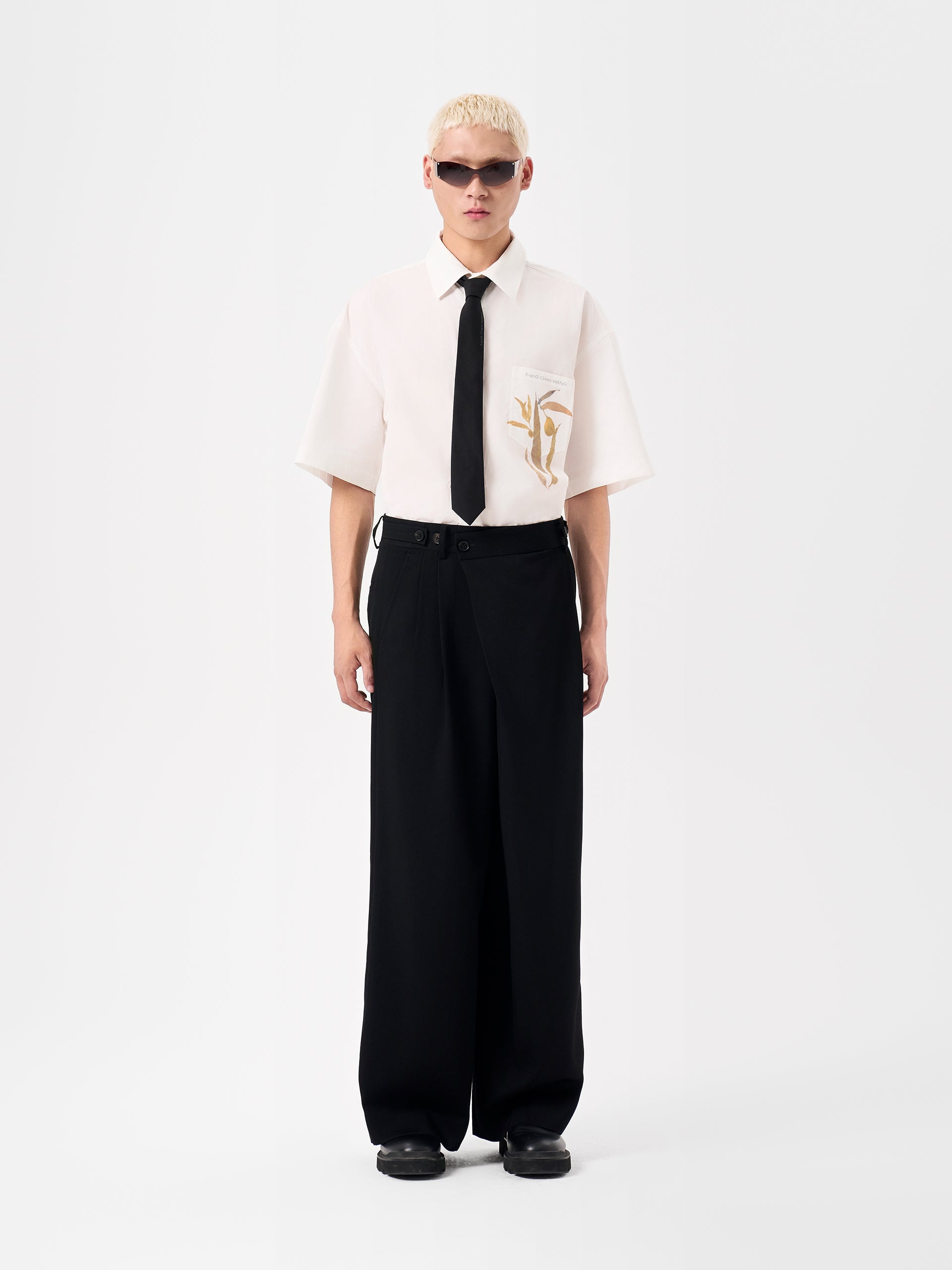ASYMMETRIC PLACKET WOOL WIDE-LEG TROUSERS