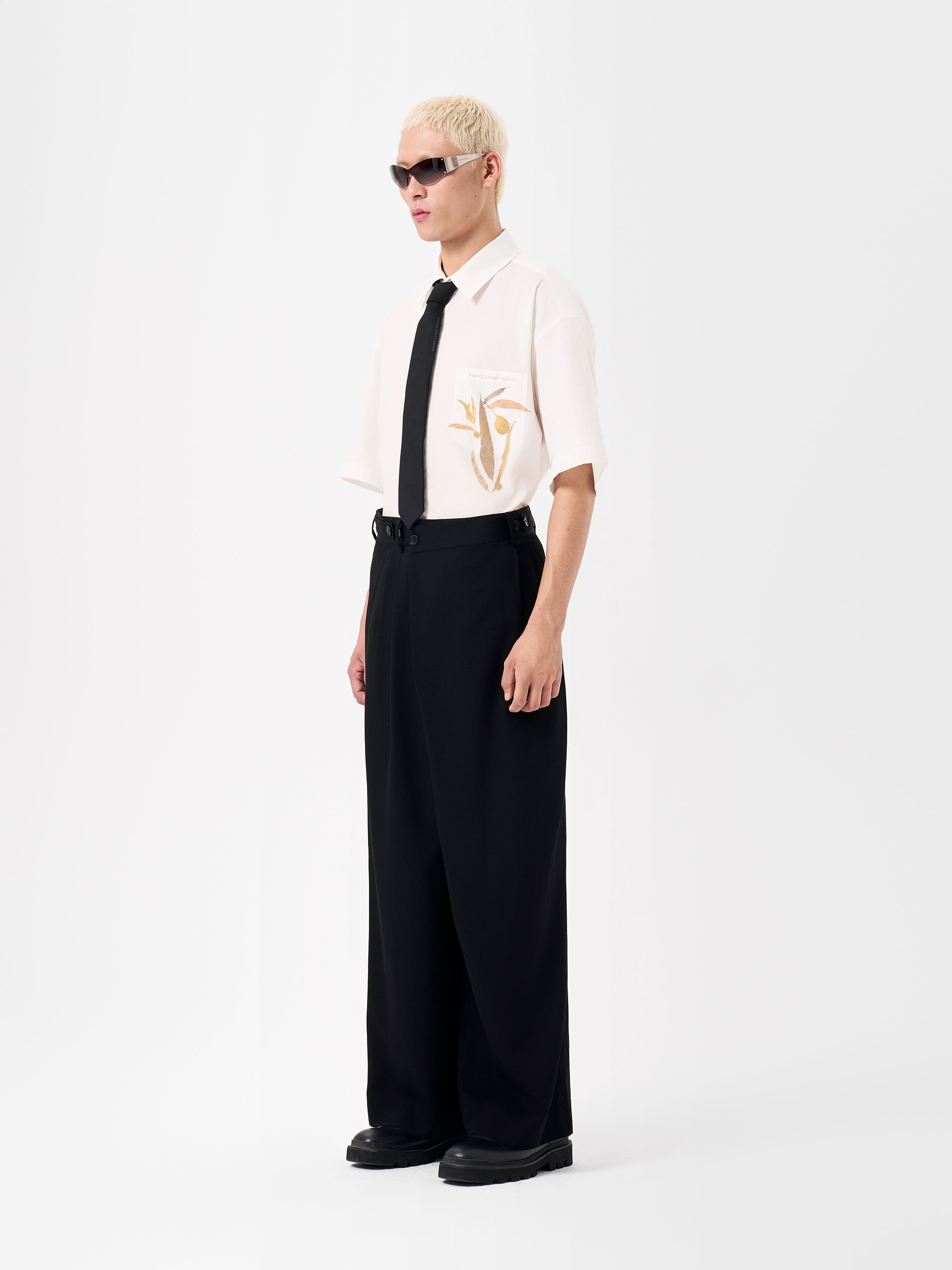 ASYMMETRIC PLACKET WOOL WIDE-LEG TROUSERS