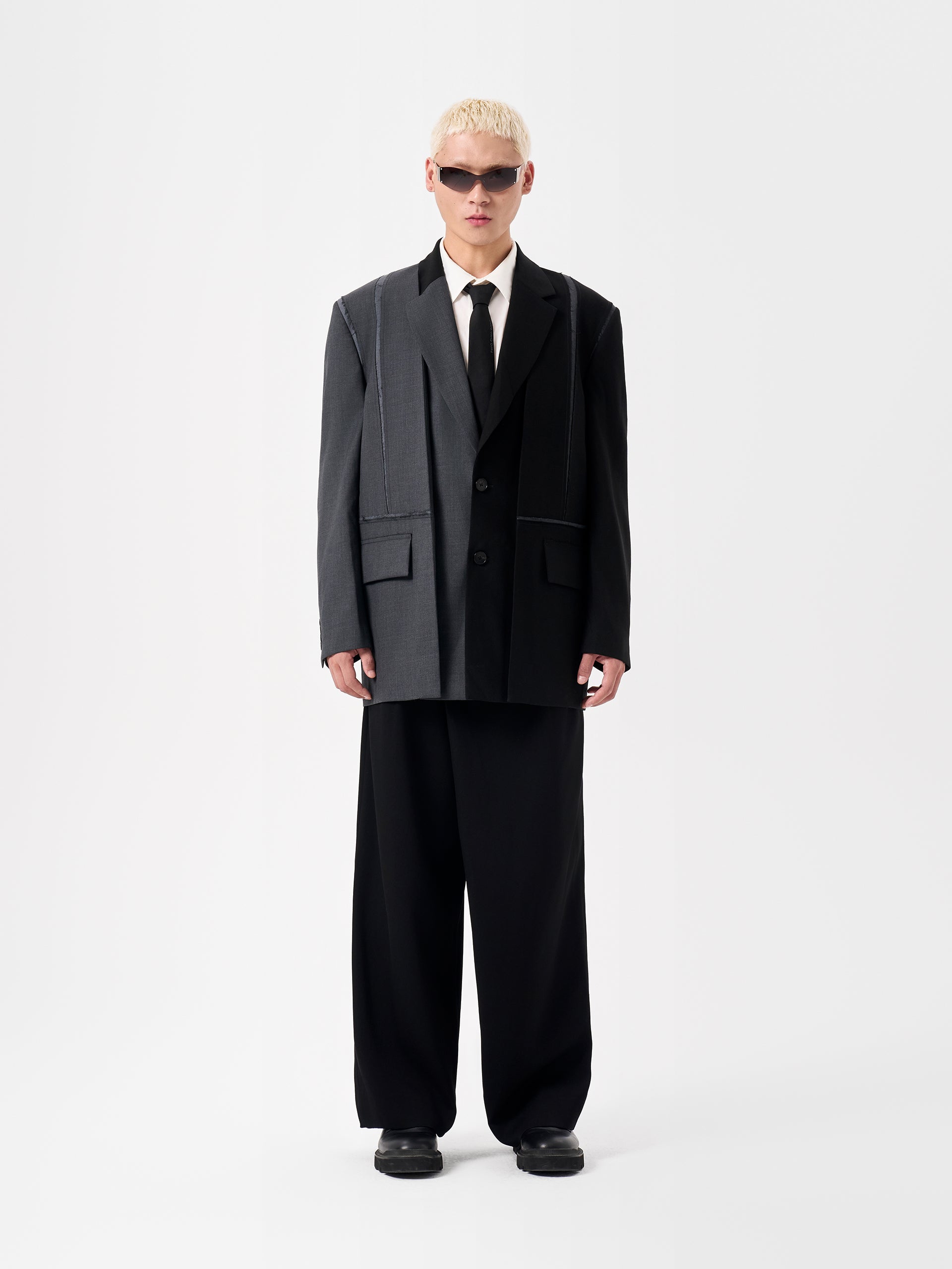 BLACK AND GREY DECONSTRUCTED WOOL BLAZER