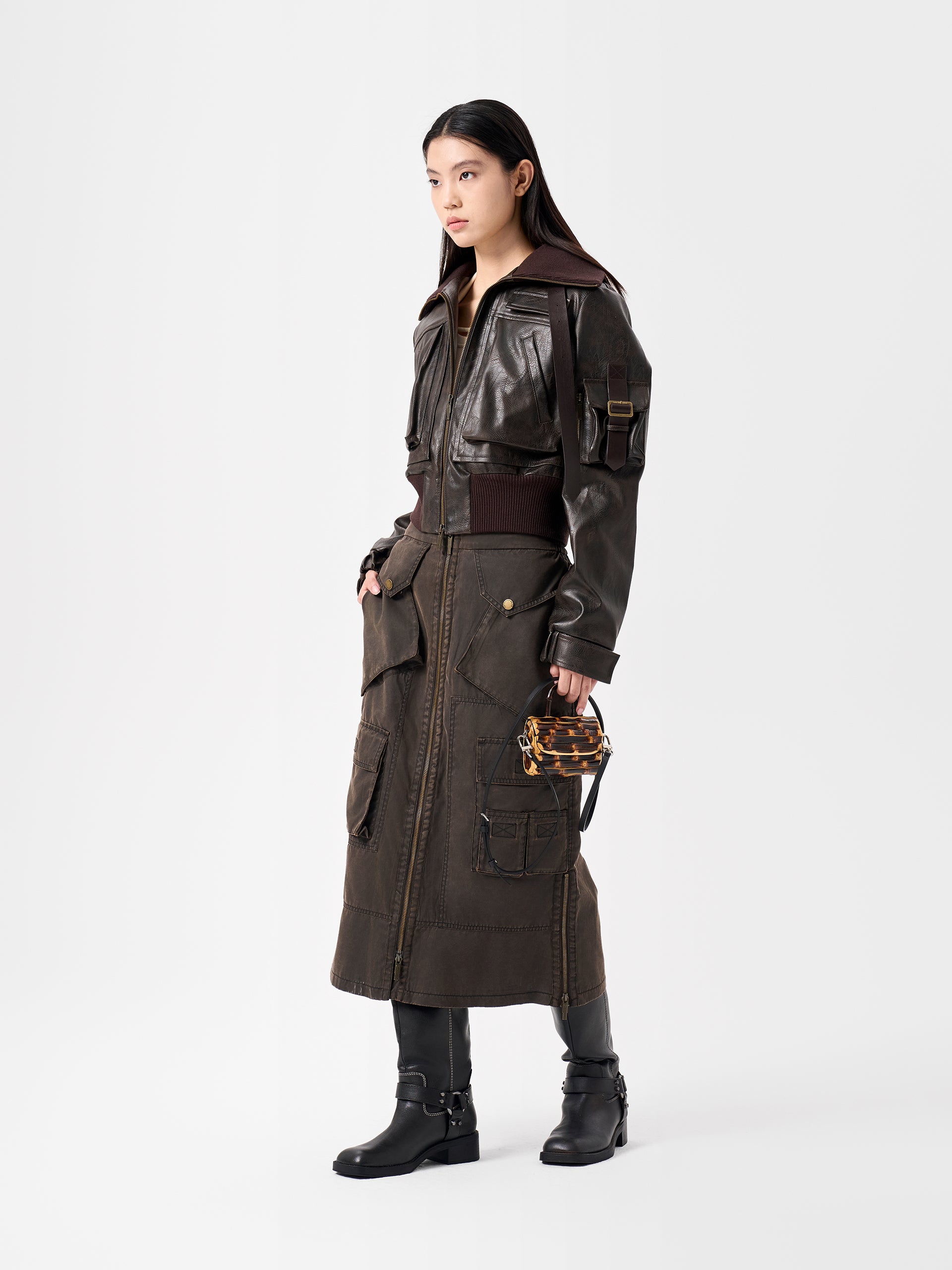 BROWN DECONSTRUCTED SHORT JACKET WITH TURN-DOWN COLLAR