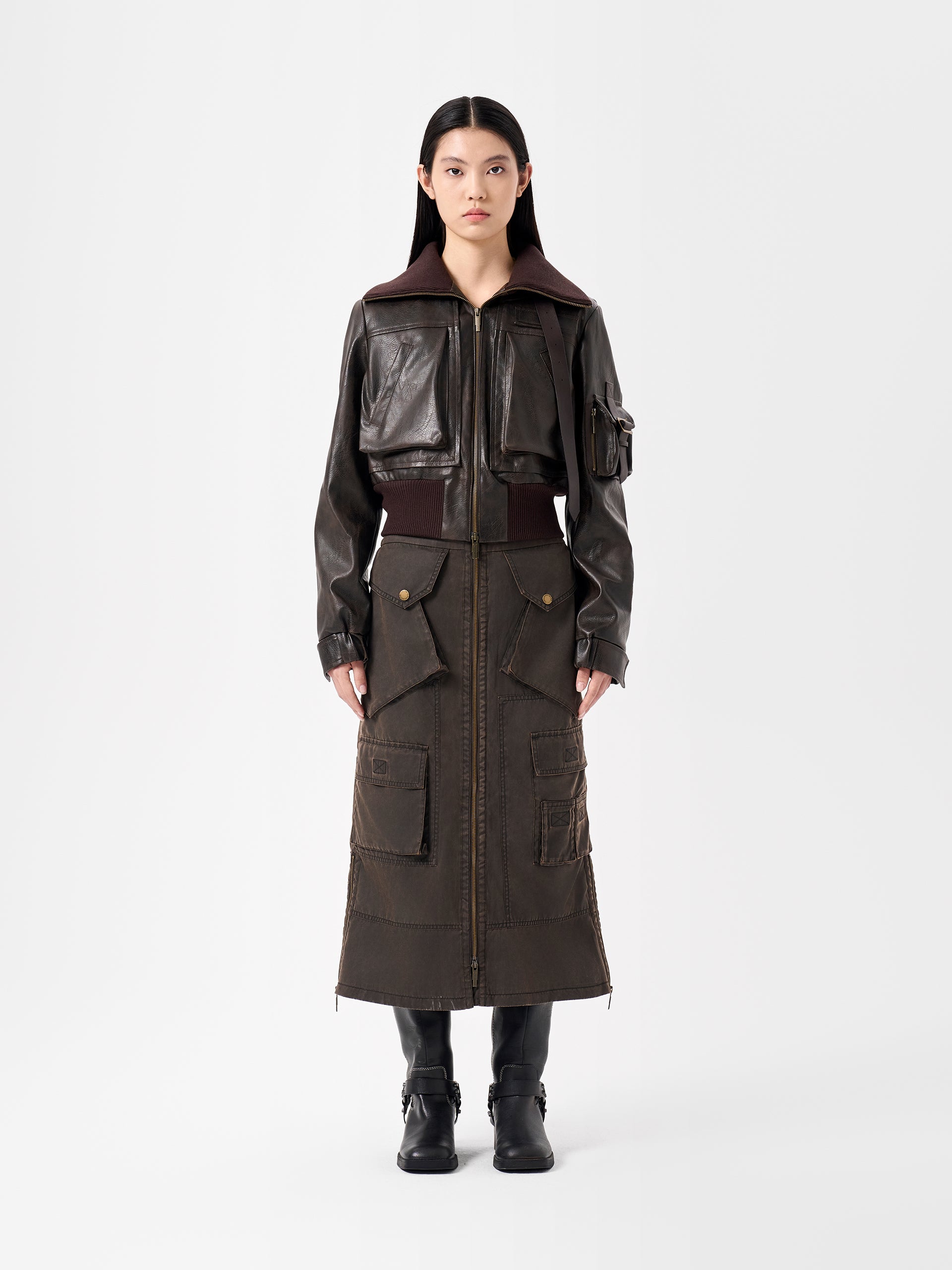 BROWN DECONSTRUCTED SHORT JACKET WITH TURN-DOWN COLLAR