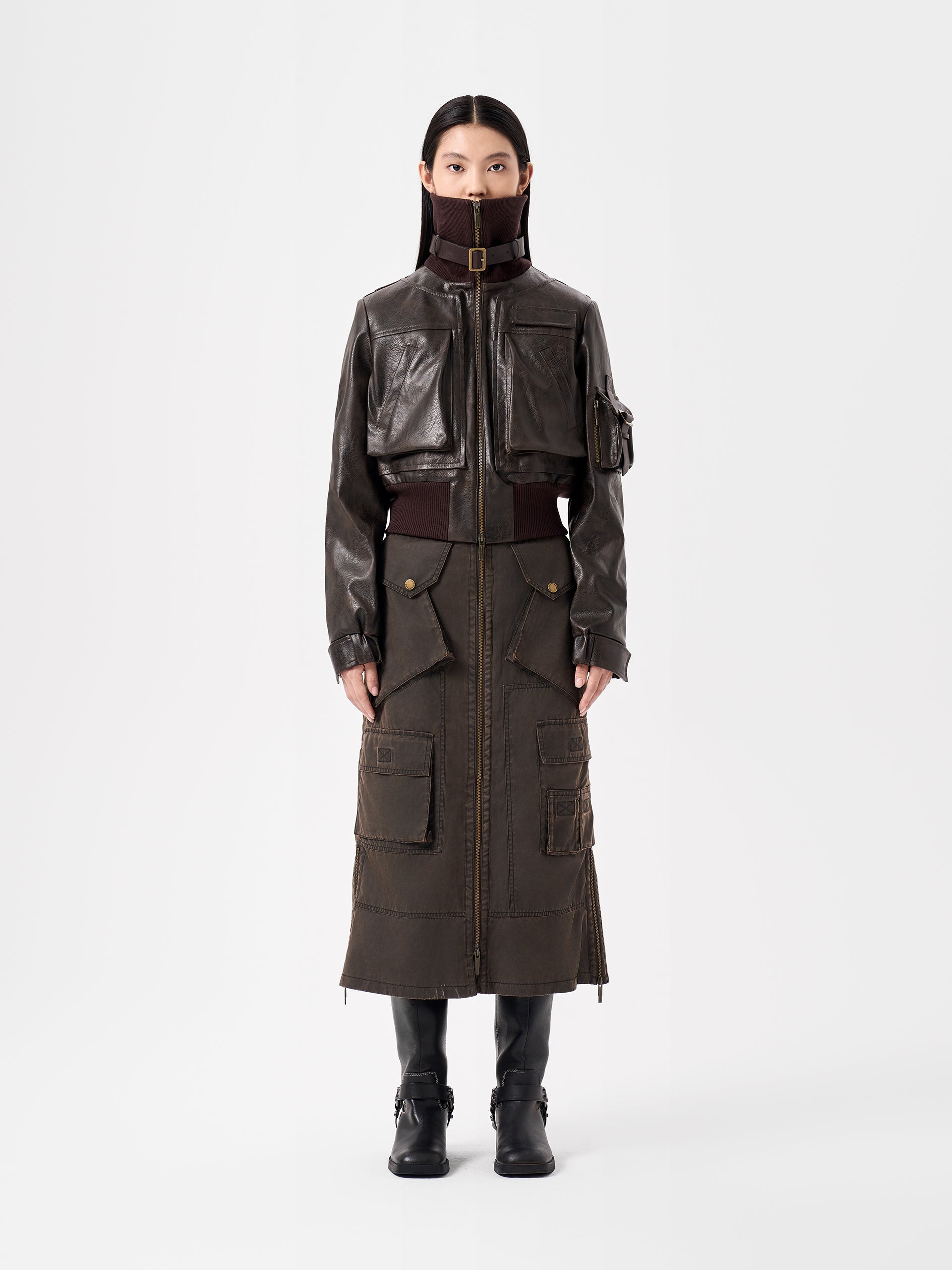 BROWN DECONSTRUCTED SHORT JACKET WITH TURN-DOWN COLLAR