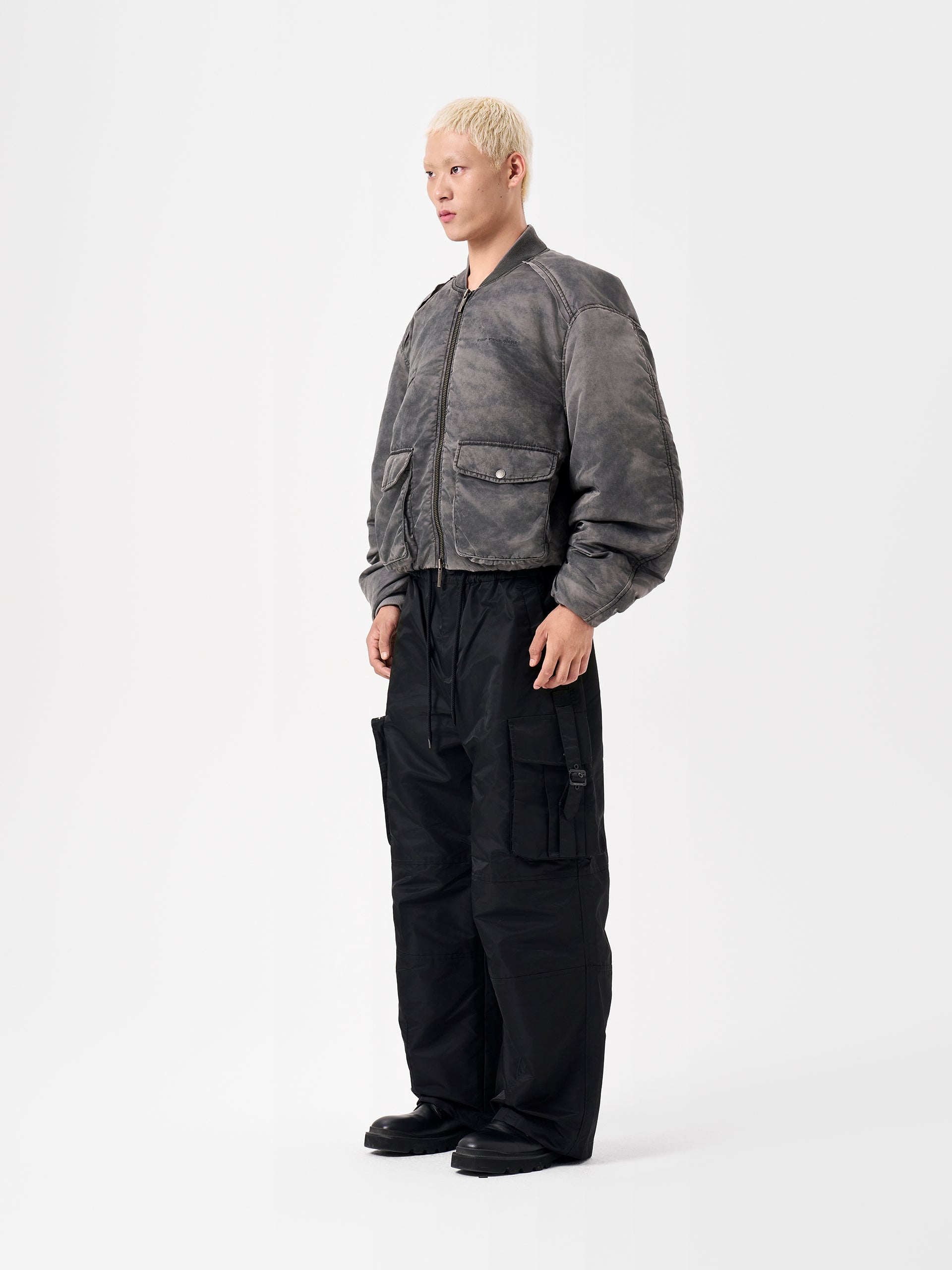 GREY SANDWASHED VARSITY PUFFER JACKET